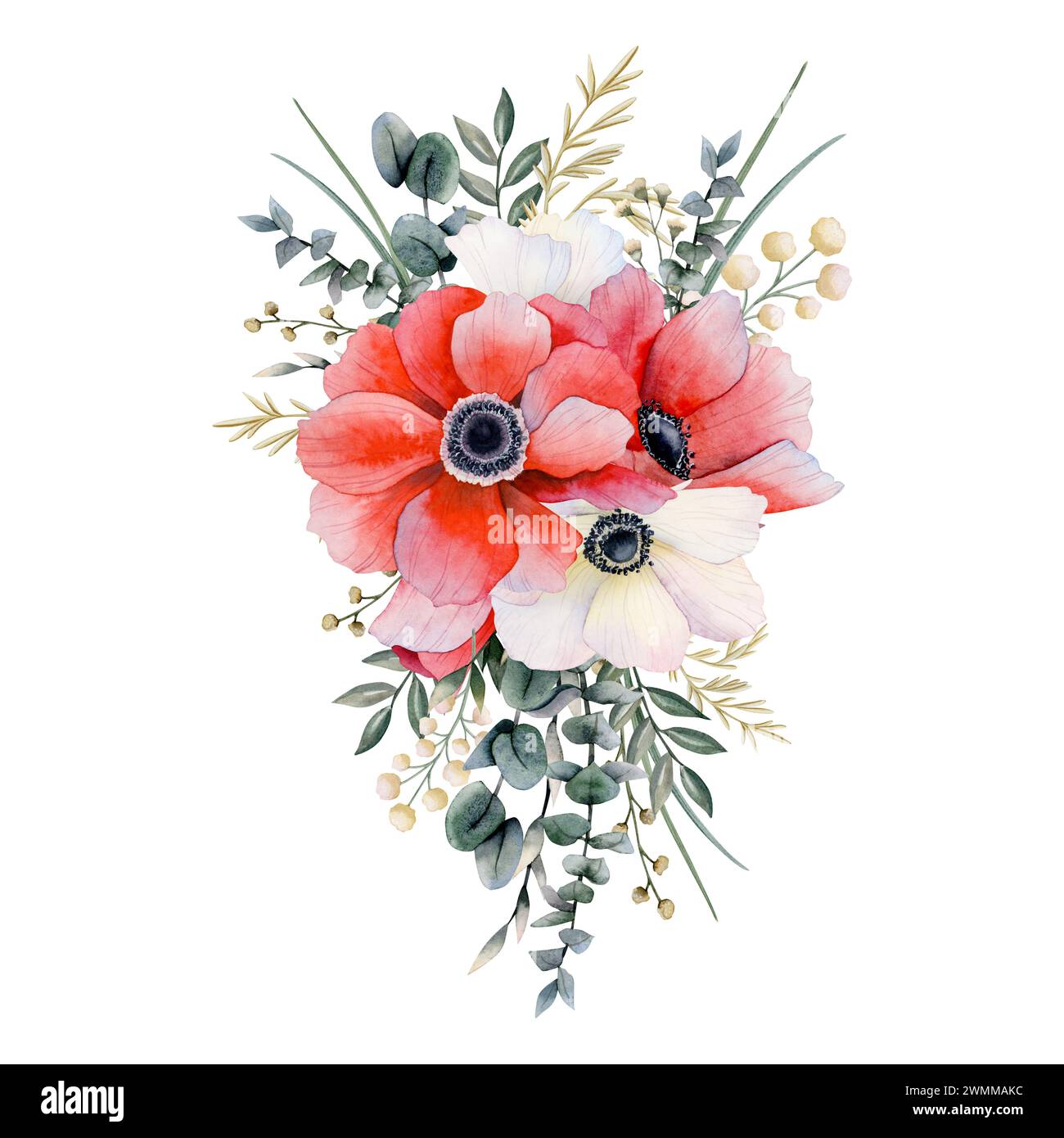 Rote und weiße Anemonen Blumenstrauß mit Feldkräutern, Eukalyptus und Gras Aquarellillustration für Grußkarten Stockfoto