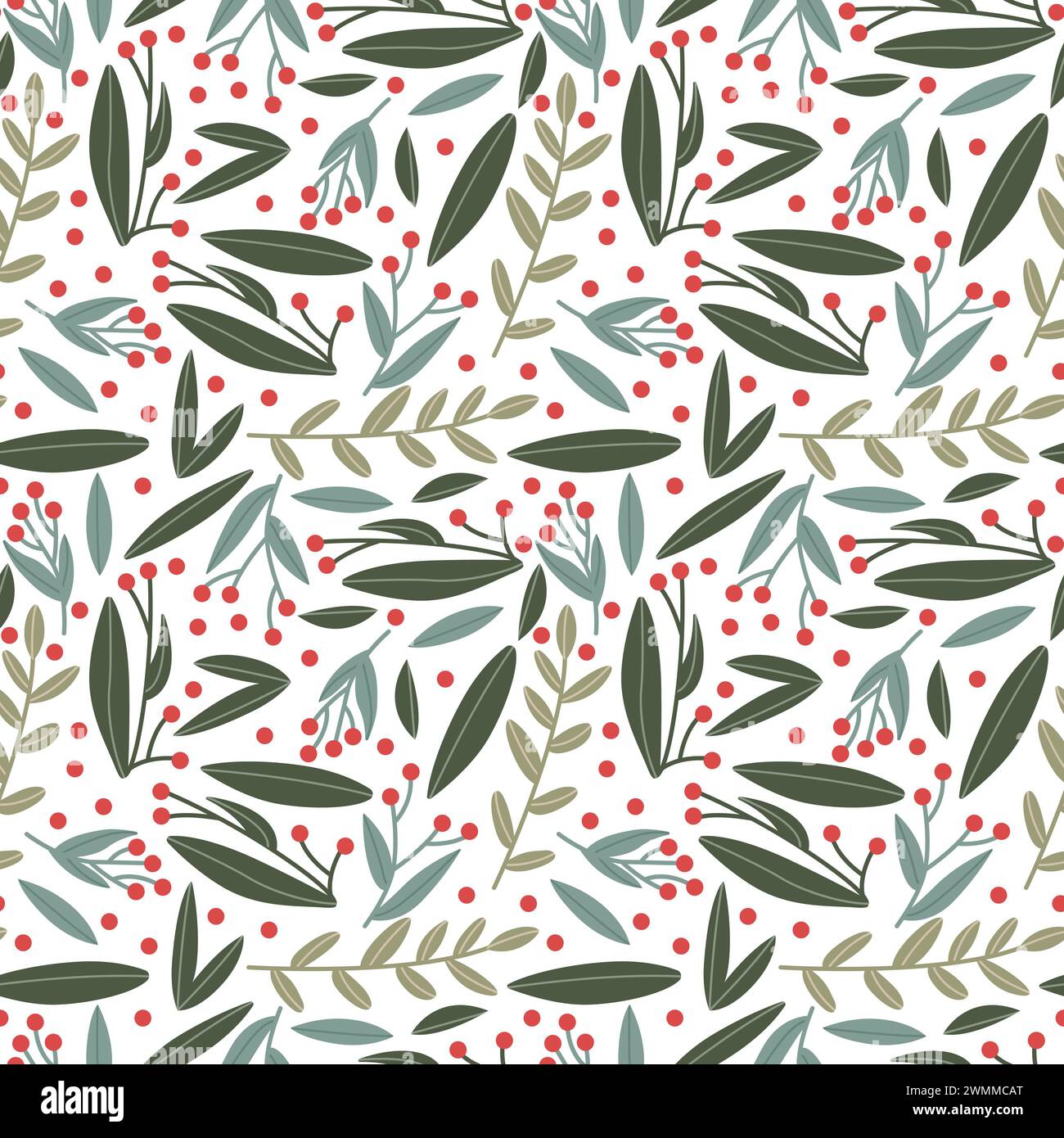 Grüne Blätter und rote Beeren Winter Weihnachten nahtlose Muster Hintergrund Stockfoto