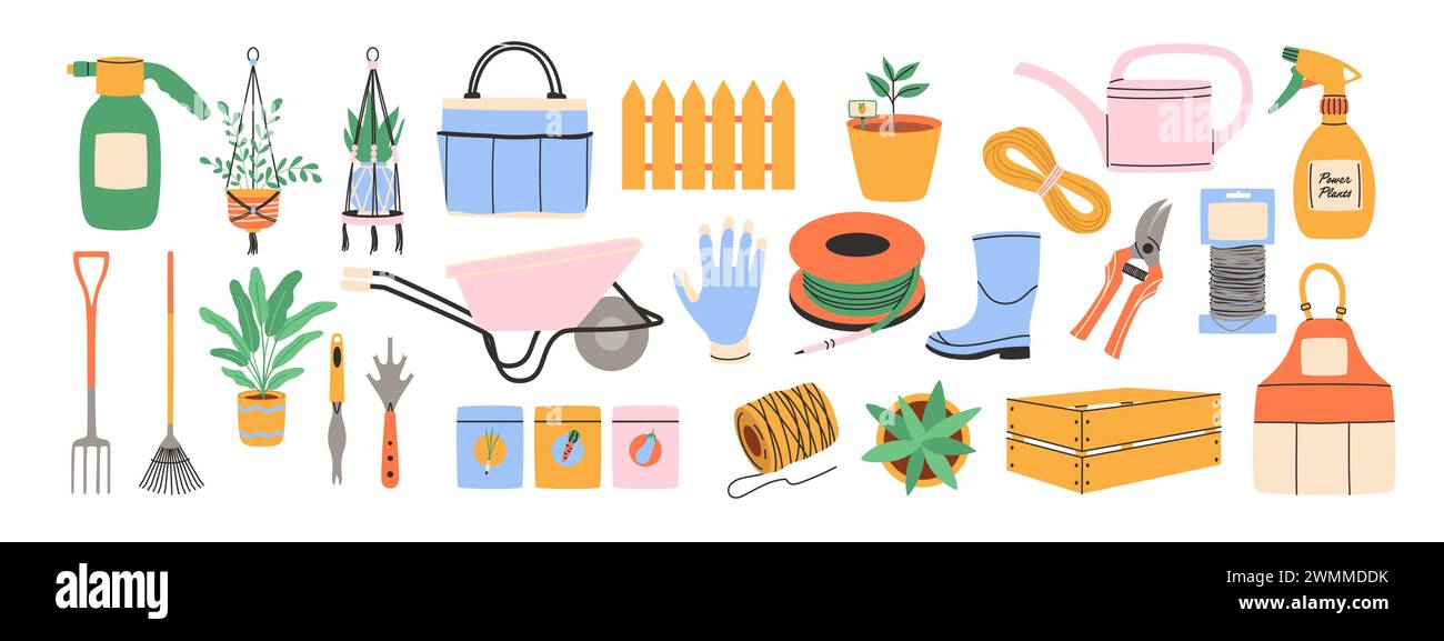 Satz Gartenwerkzeuge. Sprühgerät, Samen, Stiefel, Box, Schürze, Rechen und mehr. Vektorabbildung Stock Vektor