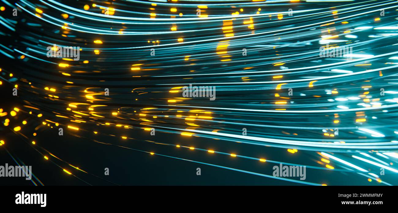 Abstrakter Technologiehintergrund mit beweglichen Bokeh-Lichtern. Stockfoto
