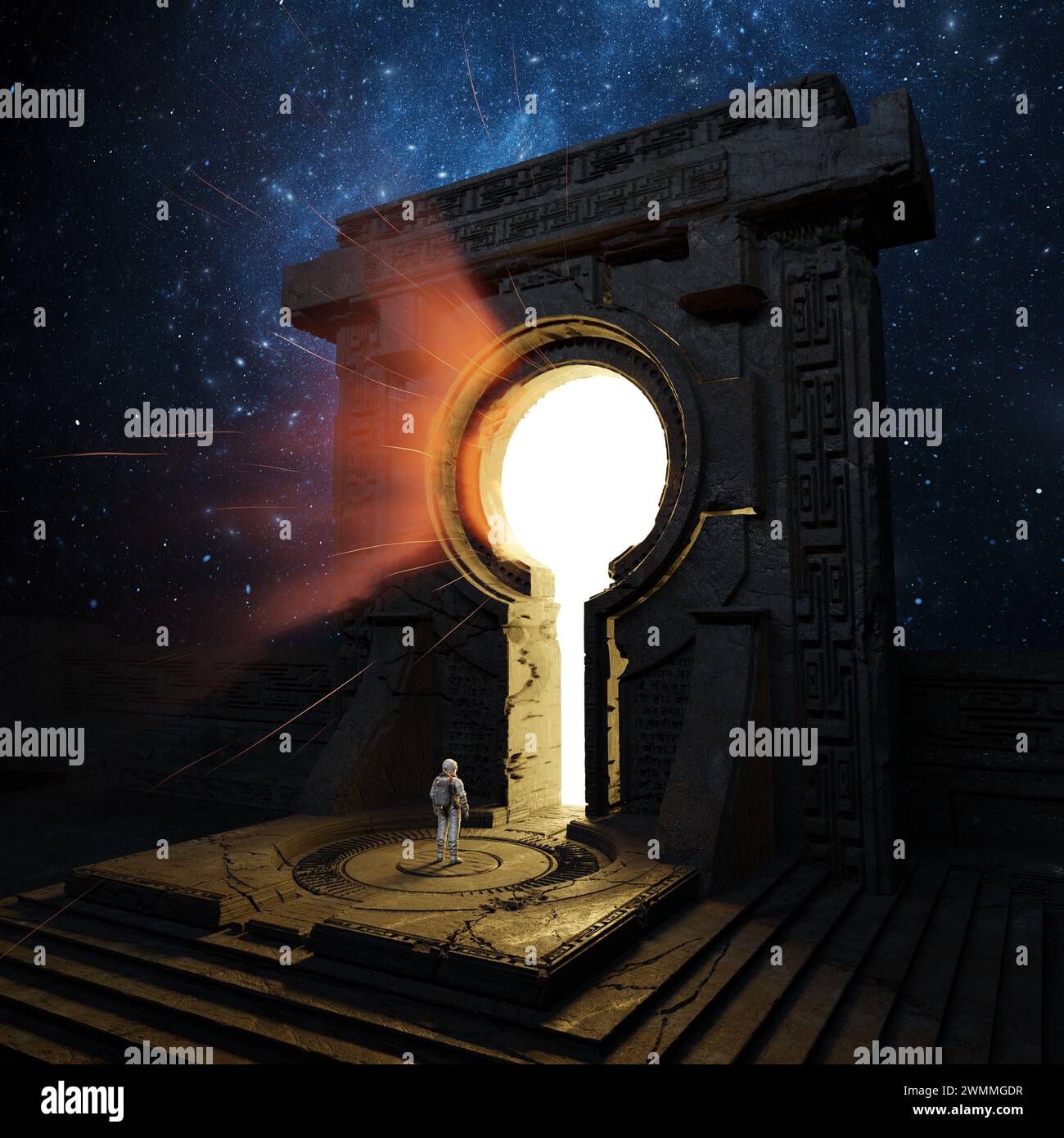 Astronaut gegenüber einem antiken Portal, das ein helles Licht vor der kosmischen Kulisse der Sterne ausstrahlt. Kosmonaut und stargate-Eingang. 3D-Rendering Stockfoto