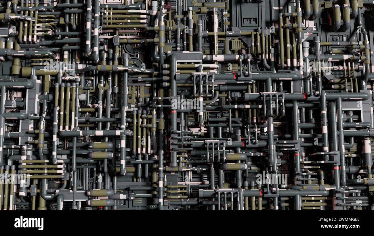 Dichte Anordnung von Rohren und Leitungen in verschiedenen Grün- und Grautönen, die eine komplexe industrielle Matrix bilden, die an eine Leiterplatte erinnert Stockfoto