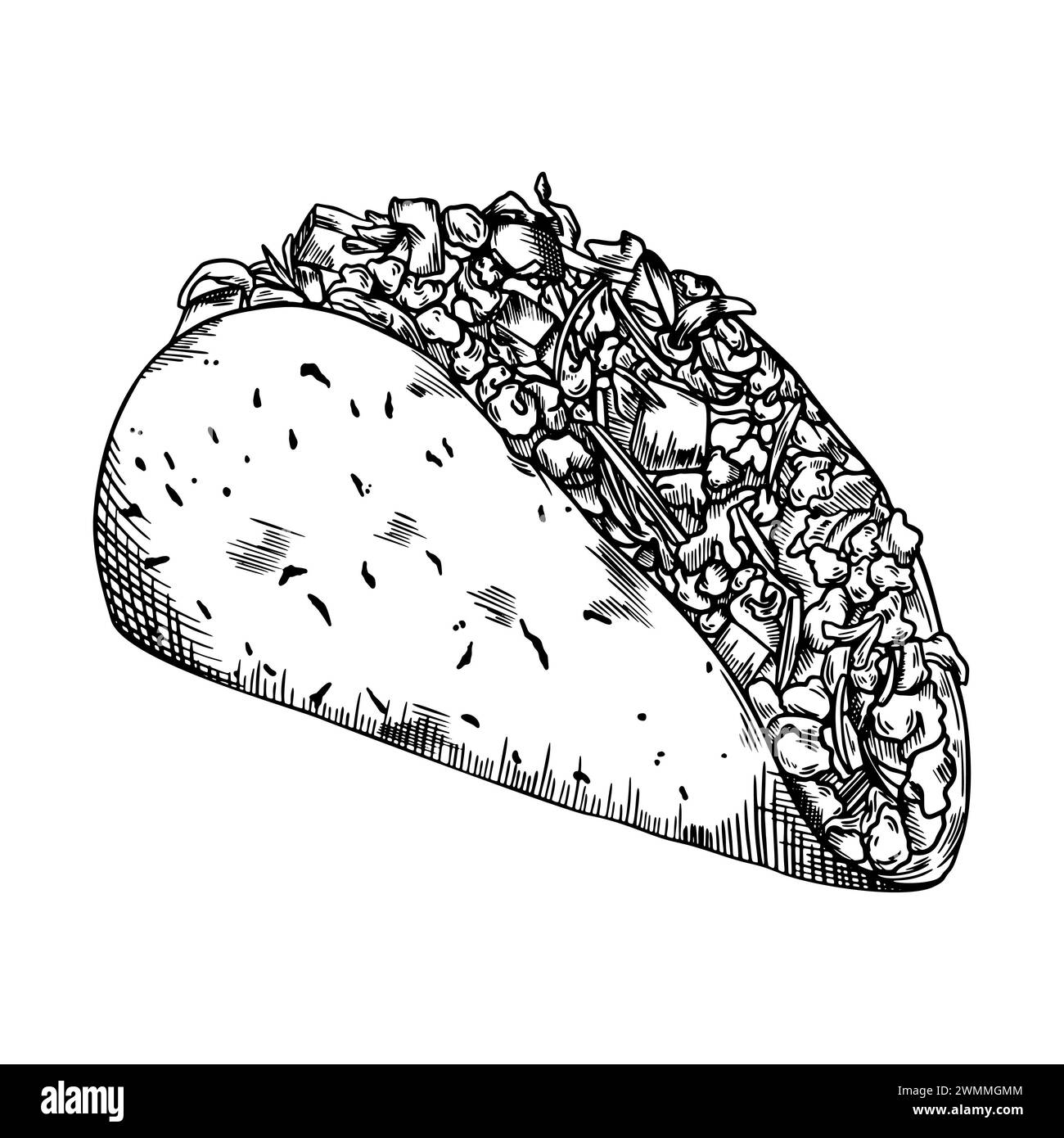 Taco Hand Gezeichneter Skecth, Mexikanische Lebensmittel Illustration Weißer Hintergrund Stockfoto