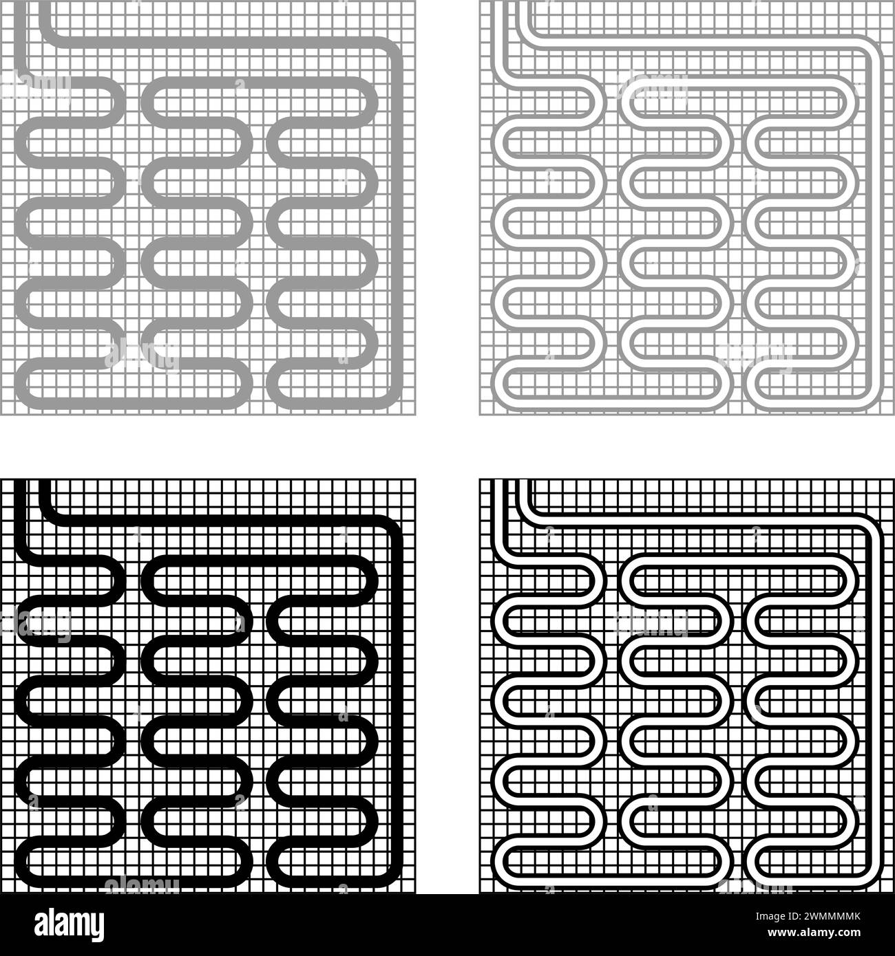 Elektrische Fußbodenheizung warm beheizt Set Symbol grau schwarz Farbe Vektor Illustration Bild einfache Vollfüllung Umrisslinie dünne flache Art Stock Vektor