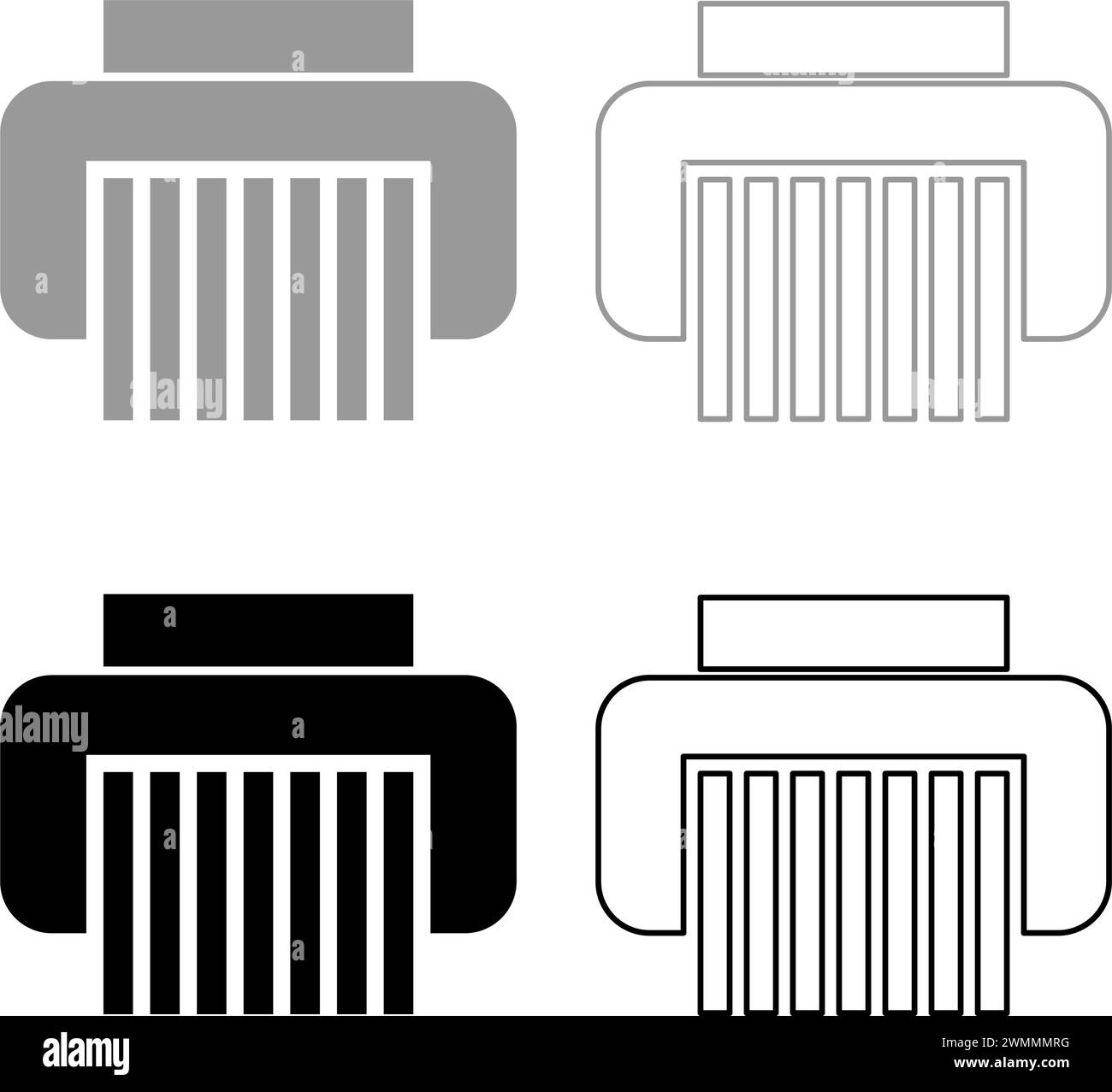 Aktenvernichter vertraulich Papierschleifer Dokument Bürowerkzeuge Set Symbol grau schwarz Farbe Vektor Illustration Bild einfache Vollfüllung Umrisskontur Stock Vektor
