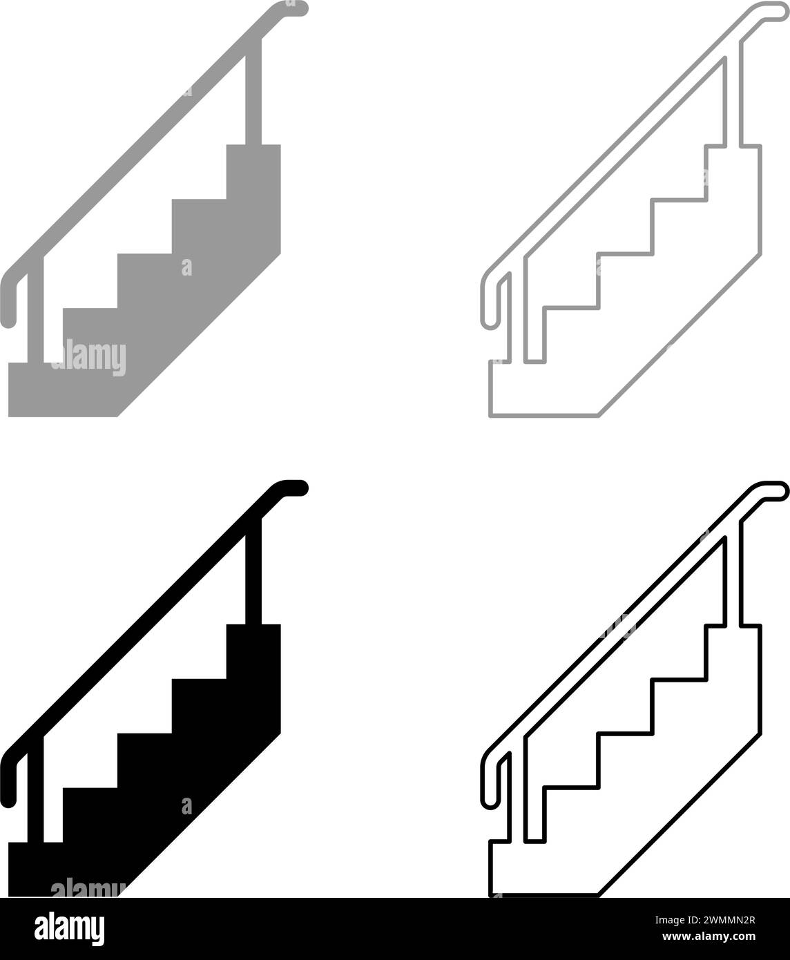 Treppe mit Geländer Treppe mit Handlauf Leiter Zaun Treppenhaus Set Icon grau schwarz Farbe Vektor Illustration Bild einfache feste Füllung Umriss Stock Vektor