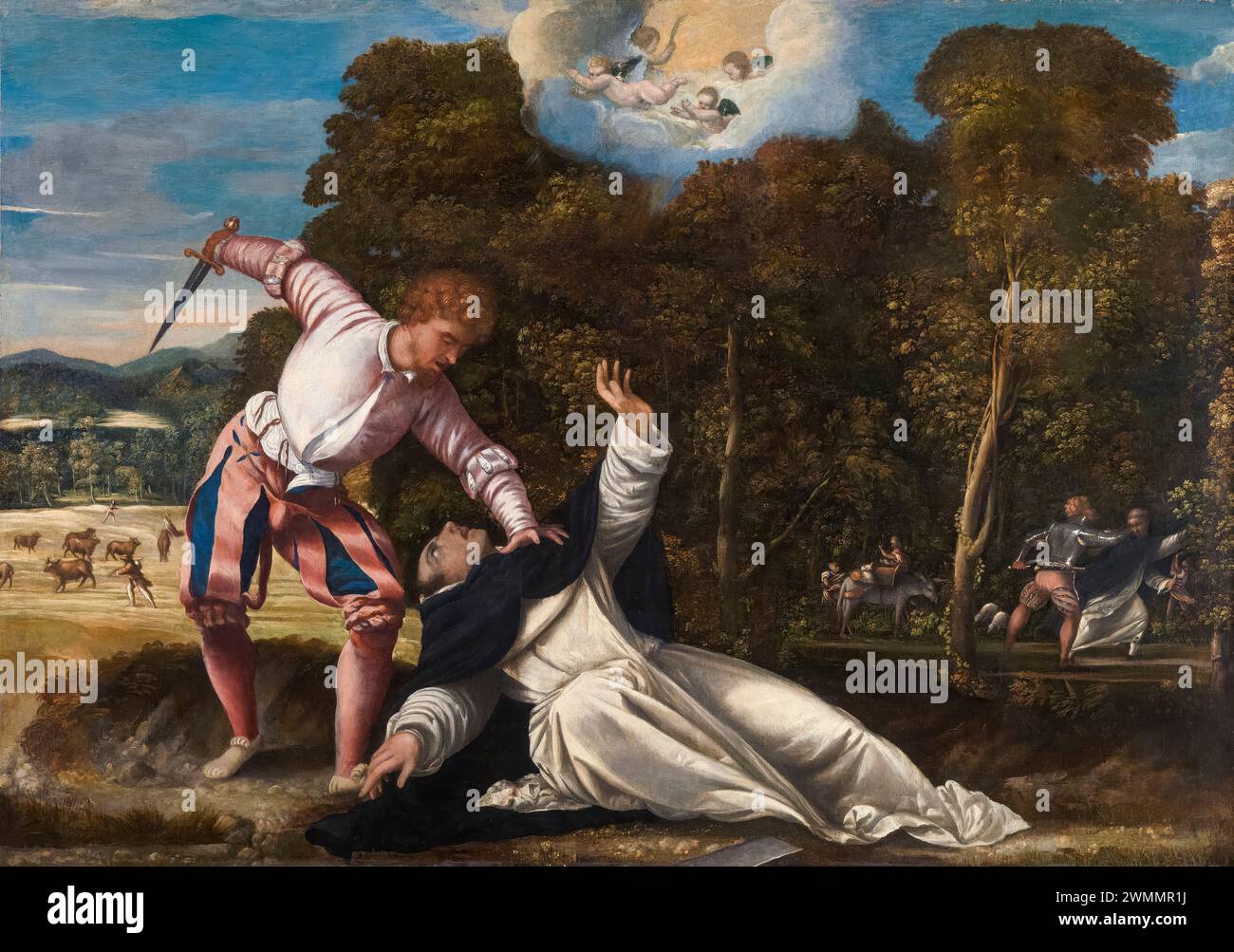 Der Tod des heiligen Peter Martyr, Gemälde in Öl auf Leinwand von Bernardino da Asola (zugeschrieben), 1540-1549 Stockfoto