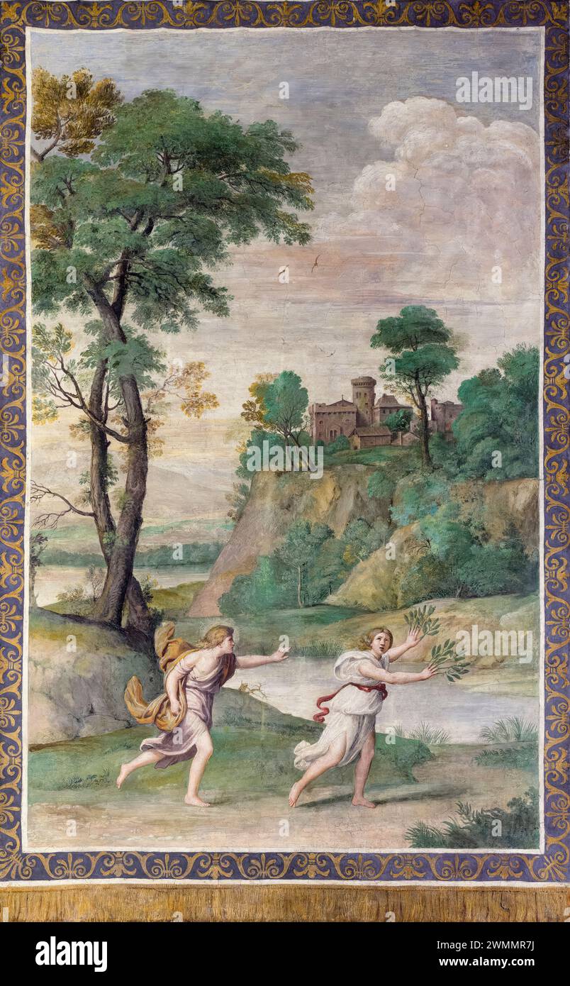 Domenico Zampieri nannte Domenichino und Werkstatt, Apollo verfolgt Daphne, Freskenmalerei auf Leinwand übertragen und an Bord montiert, 1616-1618 Stockfoto