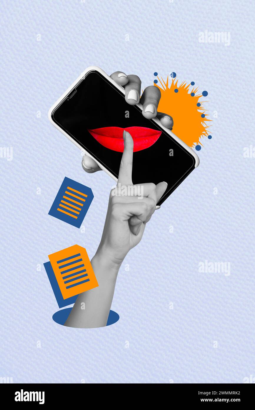 Vertikales Foto Collage Bild Frau Lippen Hand zeigt shh Stille Geste sei ruhig Smartphone Gesicht Fragment Karikatur Zeichnung Hintergrund Stockfoto