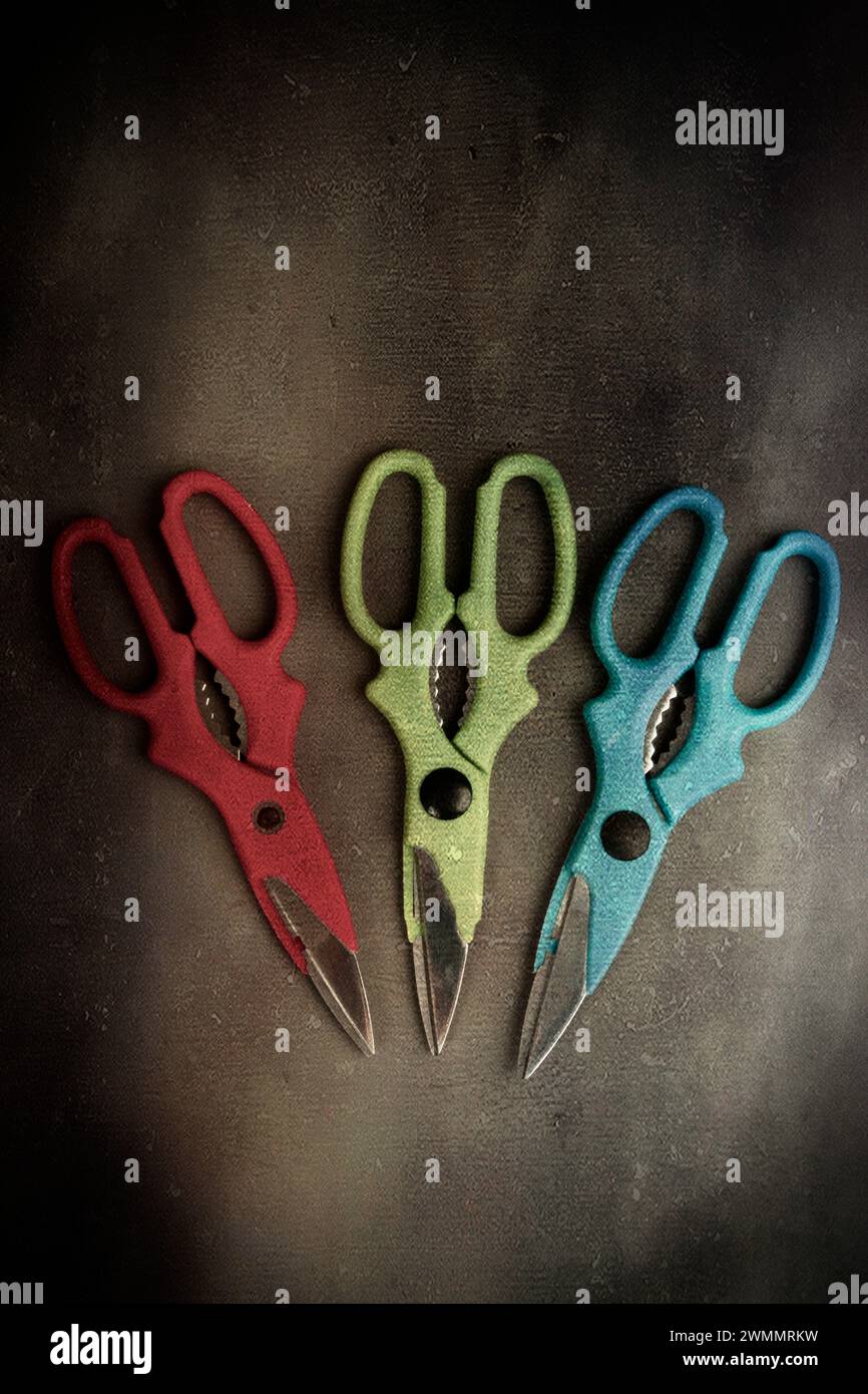Minimalistisches Stillleben einer Gruppe von mehrfarbigen Küchenscheren mit Chromklingen auf einem grunge-Hintergrund Stockfoto