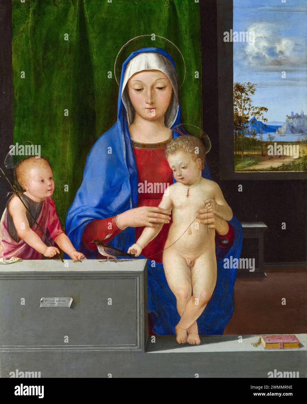 Antonio de Solario Gemälde, die Jungfrau und das Kind mit dem Heiligen Johannes, Öl auf Leinwand aus Holz, 1500-1510 Stockfoto