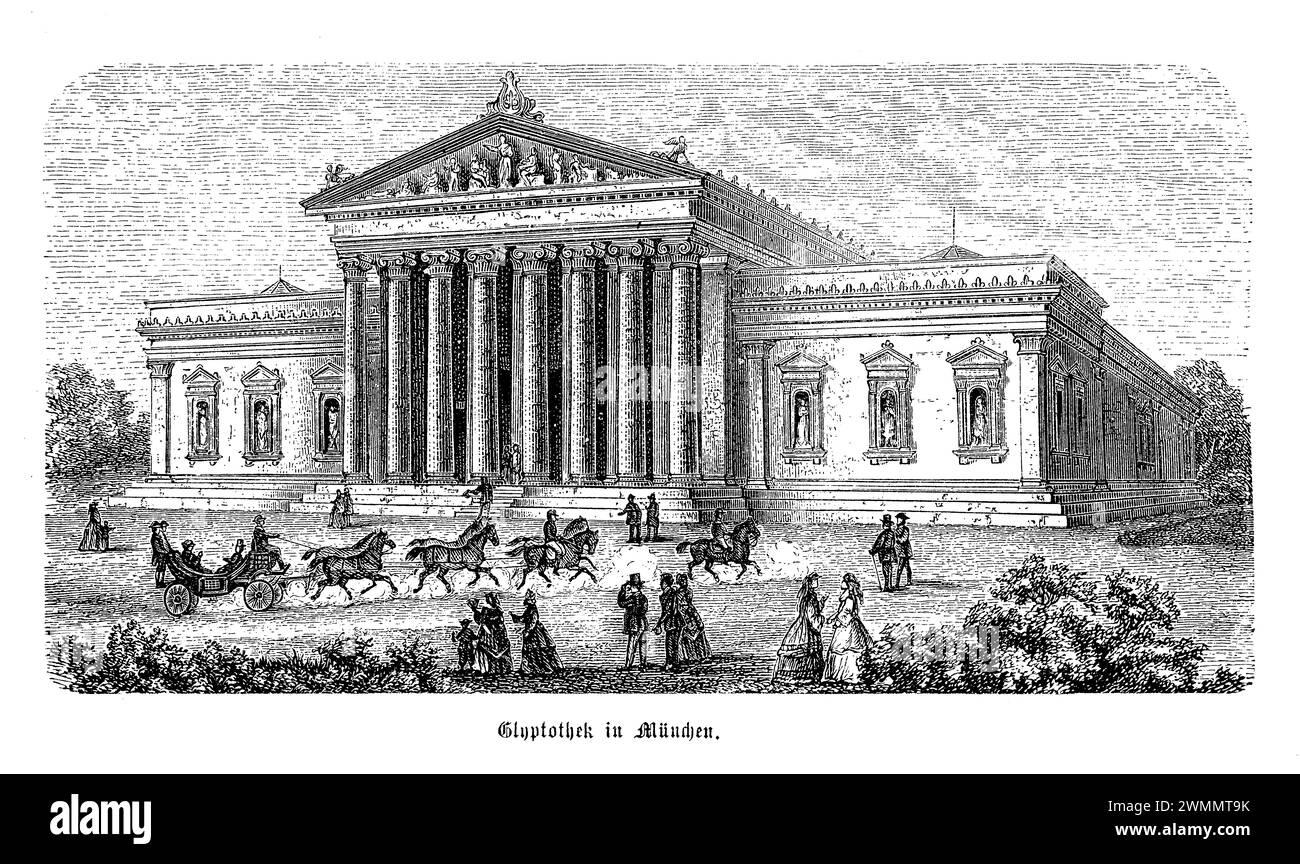 Die Glyptothek in München ist ein Museum, das den Reiz der antiken Skulptur mit einer umfangreichen Sammlung griechischer und römischer Kunstwerke zeugt. Die Glyptothek wurde Anfang des 19. Jahrhunderts von König Ludwig I. von Bayern gegründet und 1830 eröffnet. Sie ist eines der ältesten öffentlichen Museen Münchens. Das vom Architekten Leo von Klenze entworfene Gebäude spiegelt den neoklassischen Stil wider und verkörpert Ludwigs Vision, München zu einem „neuen Athen“ zu machen. Das Museum beherbergt eine bemerkenswerte Auswahl an Skulpturen, von archaischen griechischen Meisterwerken bis hin zu römischen Kaiserporträts Stockfoto