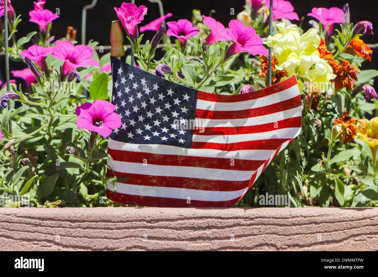 amerikanische Flagge der vereinigten staaten Sterne und Streifen umgeben von Blumen Stockfoto