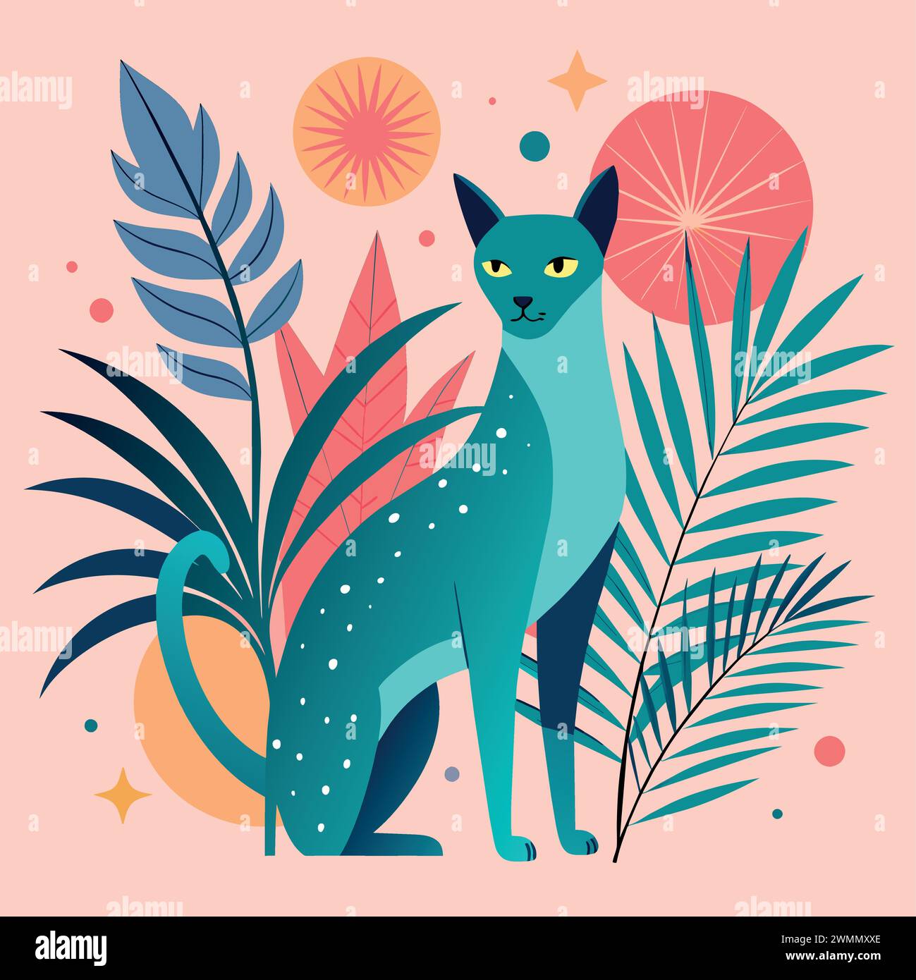 Ein digitaler Kunstdruck, minimalistisch, pastellfarbene Palette, die eine Katze, eine Palme darstellt Stock Vektor