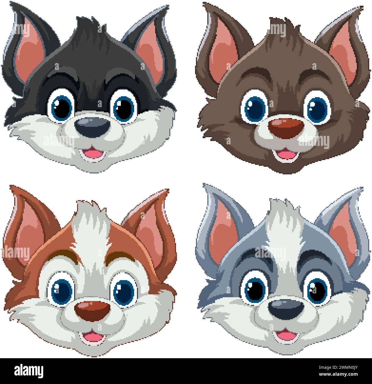 Vier süße animierte Hundegesichter mit verschiedenen Ausdrücken. Stock Vektor