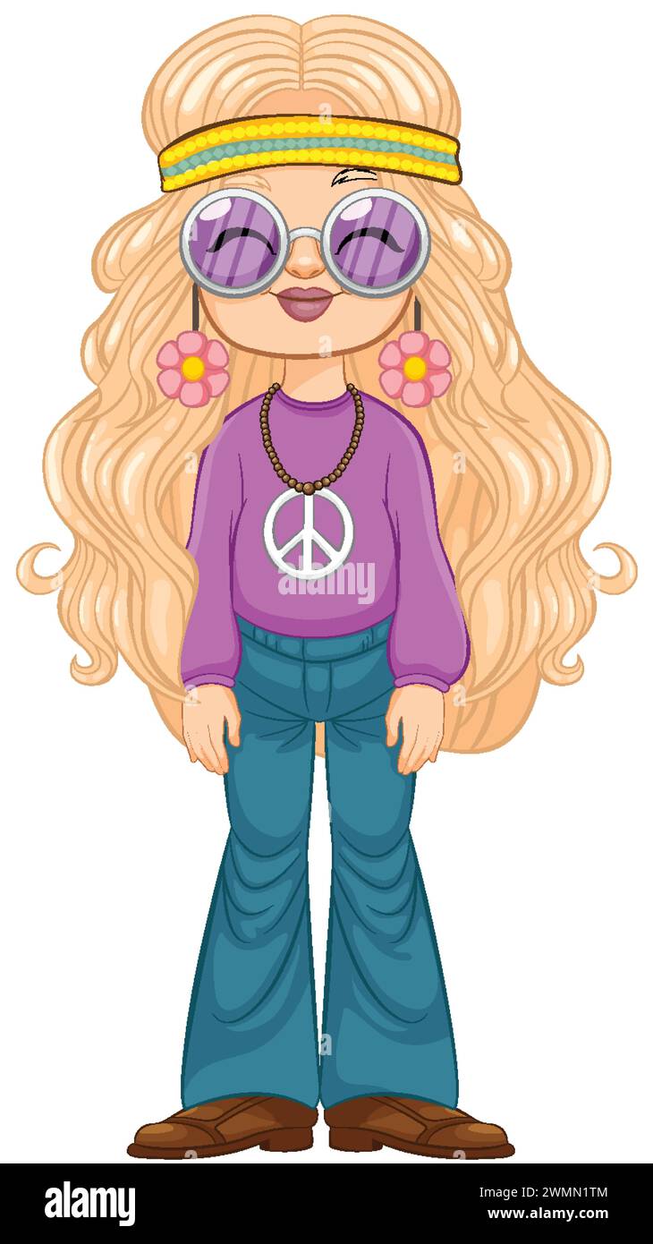 Cartoon eines Mädchens in 1970er-Kleidung. Stock Vektor
