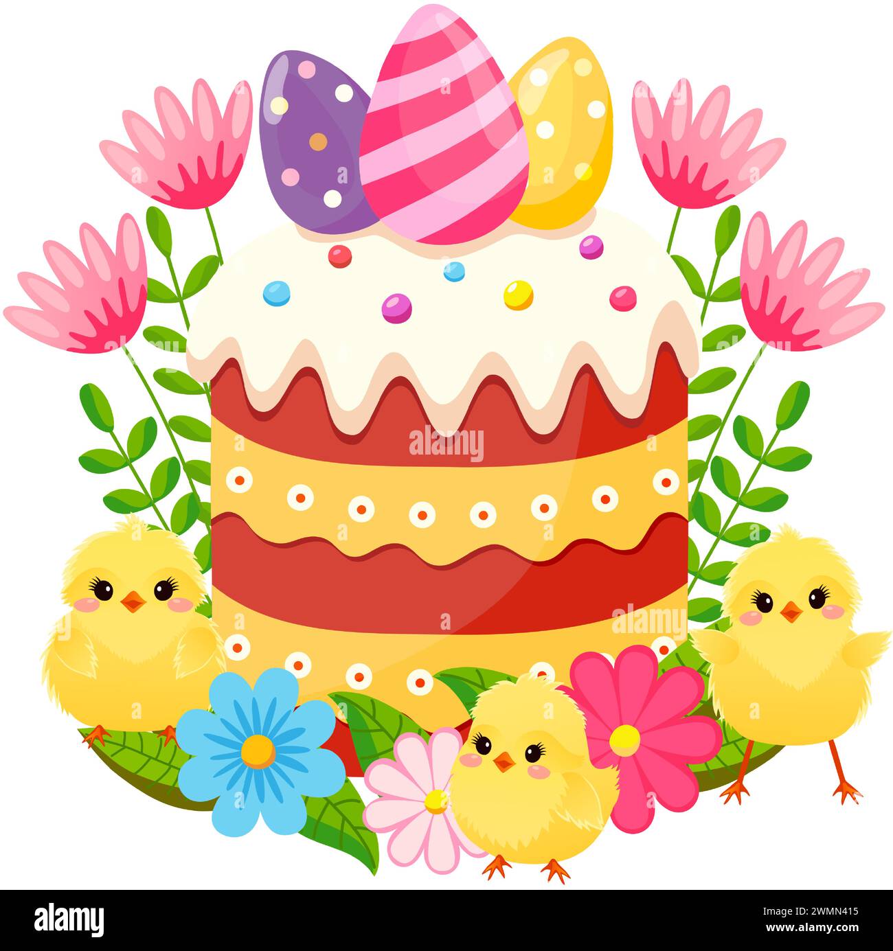 Osterkuchen mit Eiern, Blumen und Hühnern. Traditionelle Symbole der frohen Osterfeier. Hintergrund für Poster, Postkarte, Banner. Vektorillustrat Stock Vektor