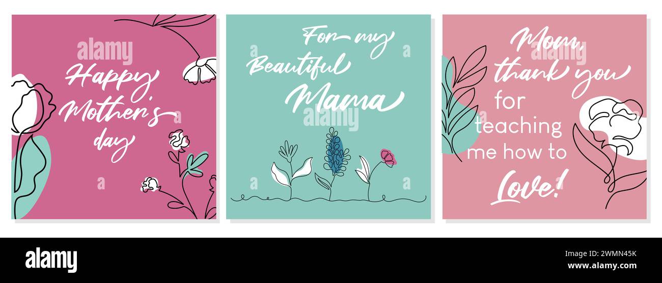 Bunte Grußkarten-Kollektion für den Muttertag. Vektorlinie Kunstdesign mit Frühlingsblumen. Stock Vektor