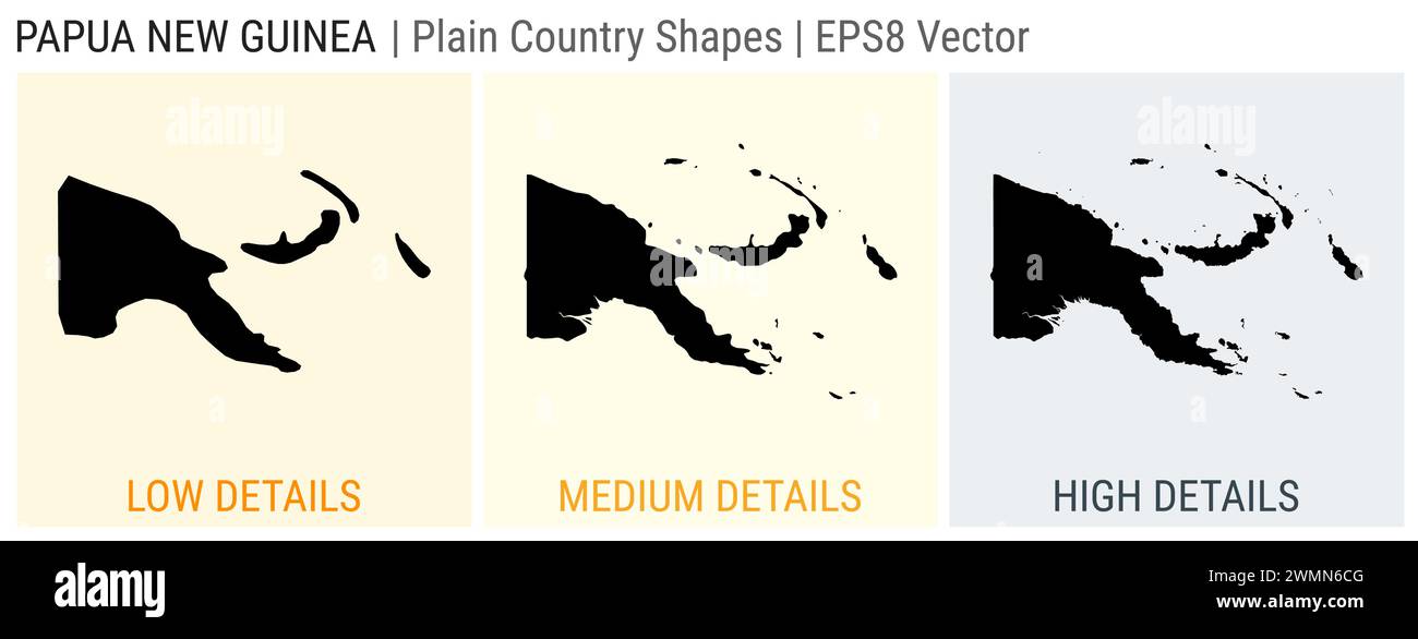 Papua-Neuguinea - einfache Landform. Detaillierte Karten von Papua-Neuguinea mit niedriger, mittlerer und hoher Detailtiefe. EPS8 Vektordarstellung. Stock Vektor