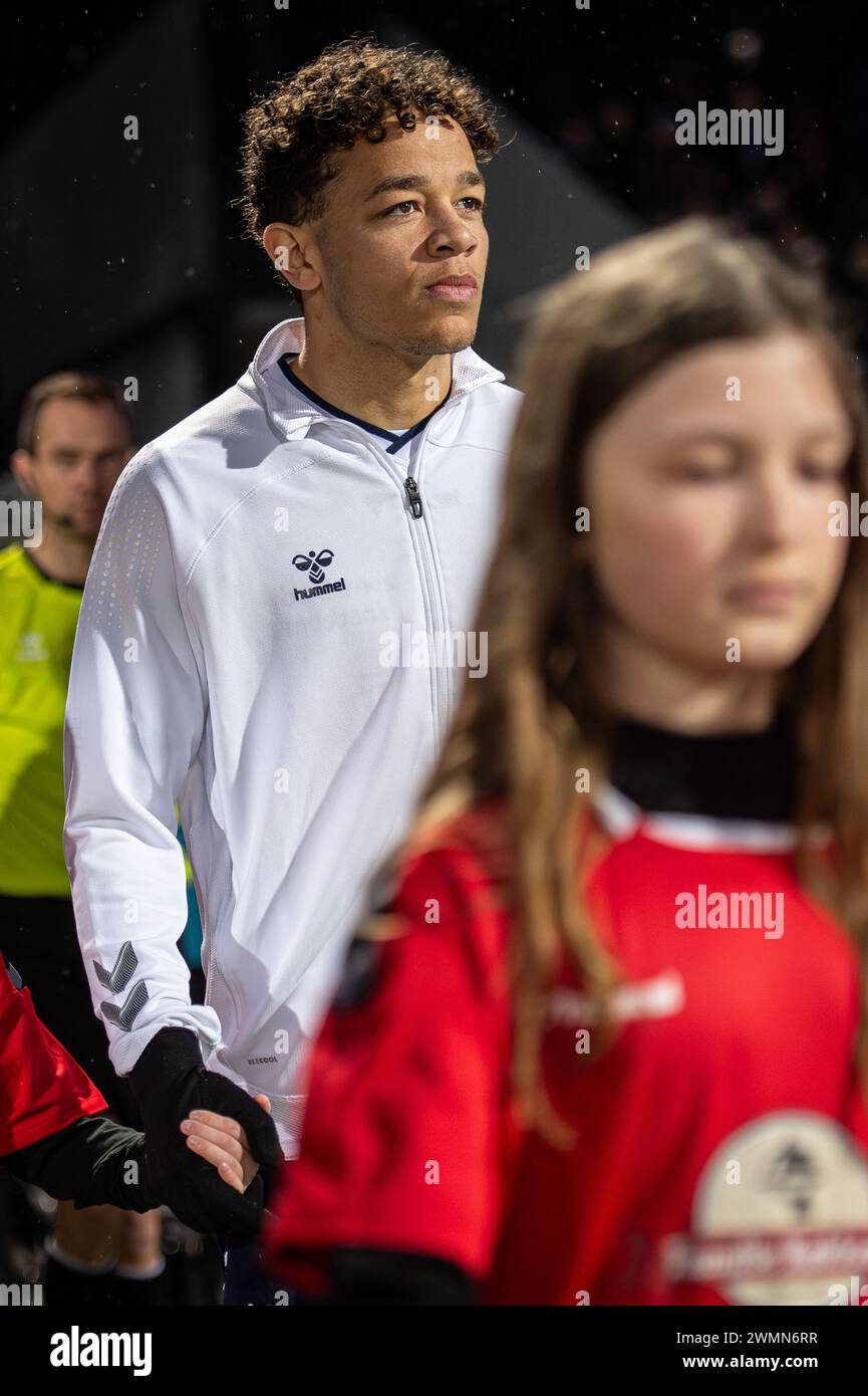 Aarhus, Dänemark. Februar 2024. Mikael Anderson von AGF wurde während des 3F Superliga-Spiels zwischen Aarhus GF und FC Midtjylland im Ceres Park in Aarhus gesehen. (Foto: Gonzales Foto - Morten Kjaer). Stockfoto