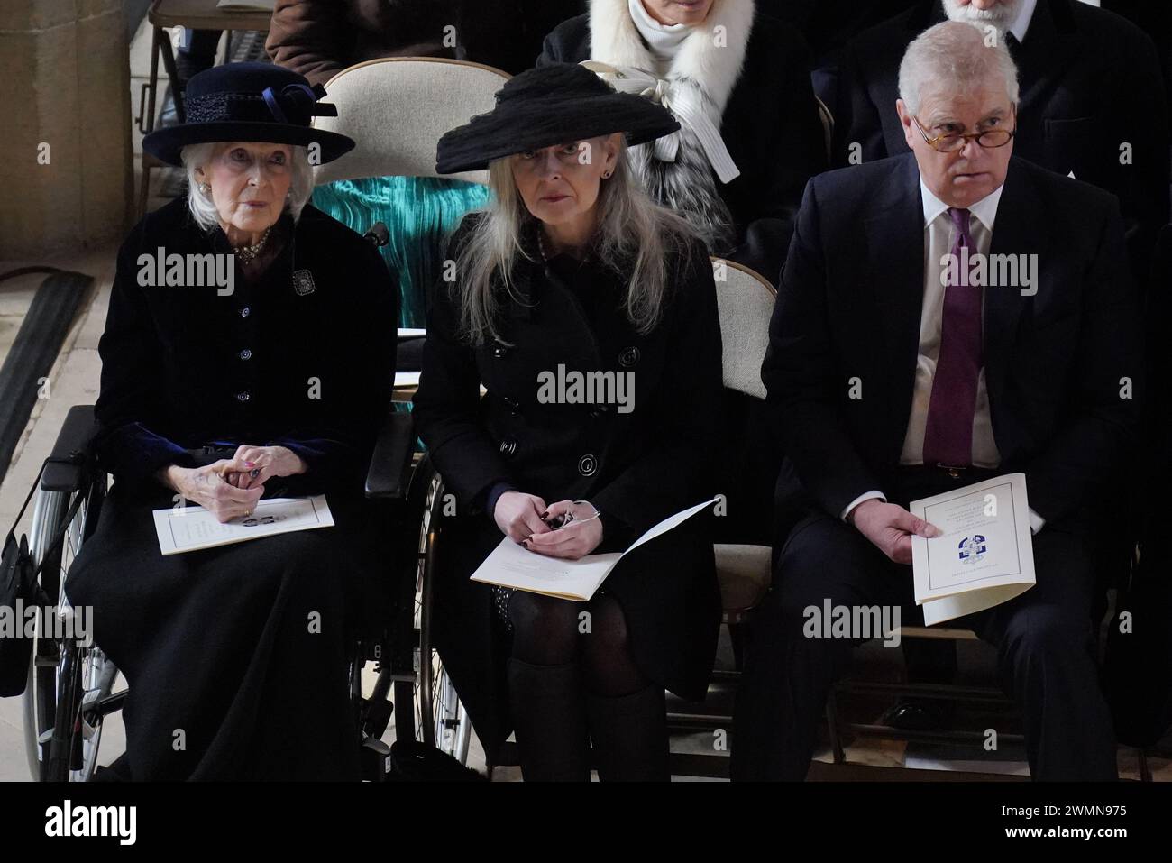 (Von links nach rechts) Prinzessin Alexandra die ehrenwerte Lady Ogilvy, Marina Ogilvy und Prinz Andrew der Herzog von York nehmen an einem Danksagungsgottesdienst für das Leben von König Konstantin von den Hellenen in der St. George's Chapel in Windsor Castle, Berkshire, Teil. Bilddatum: Dienstag, 27. Februar 2024. Stockfoto