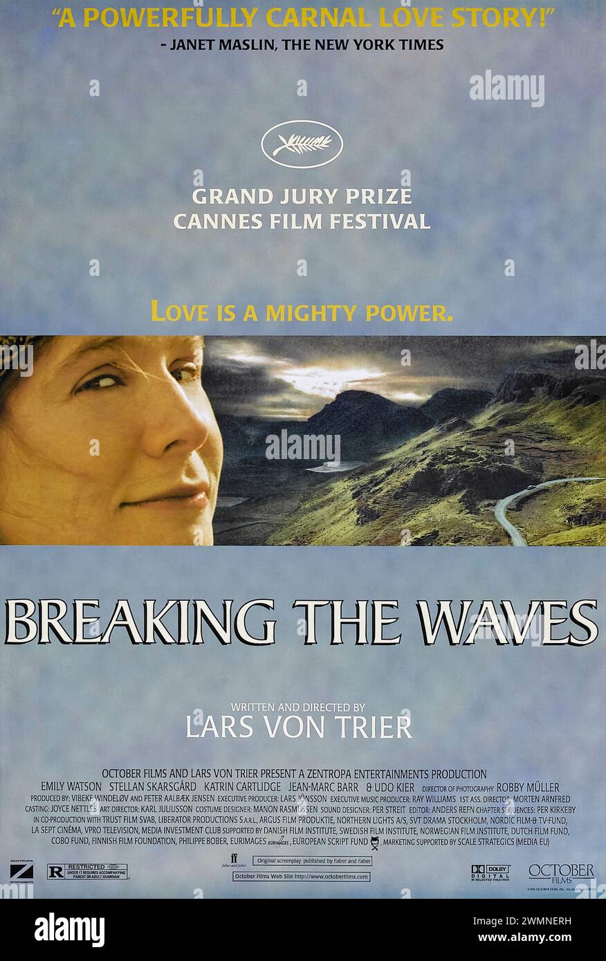 Breaking the Waves (1996) von Lars von Trier mit Emily Watson, Stellan Skarsgård und Katrin Cartlidge. Der Ölmann Jan ist bei einem Unfall gelähmt und bittet seine Frau, einen Liebhaber zu finden, der dies tut, in dem Glauben, dass es der Genesung ihres Mannes helfen würde. Foto eines Original-Posters aus dem Jahr 1996 (US-1-Blatt). ***NUR REDAKTIONELLE VERWENDUNG*** Credit: BFA / Oktober Filme Stockfoto