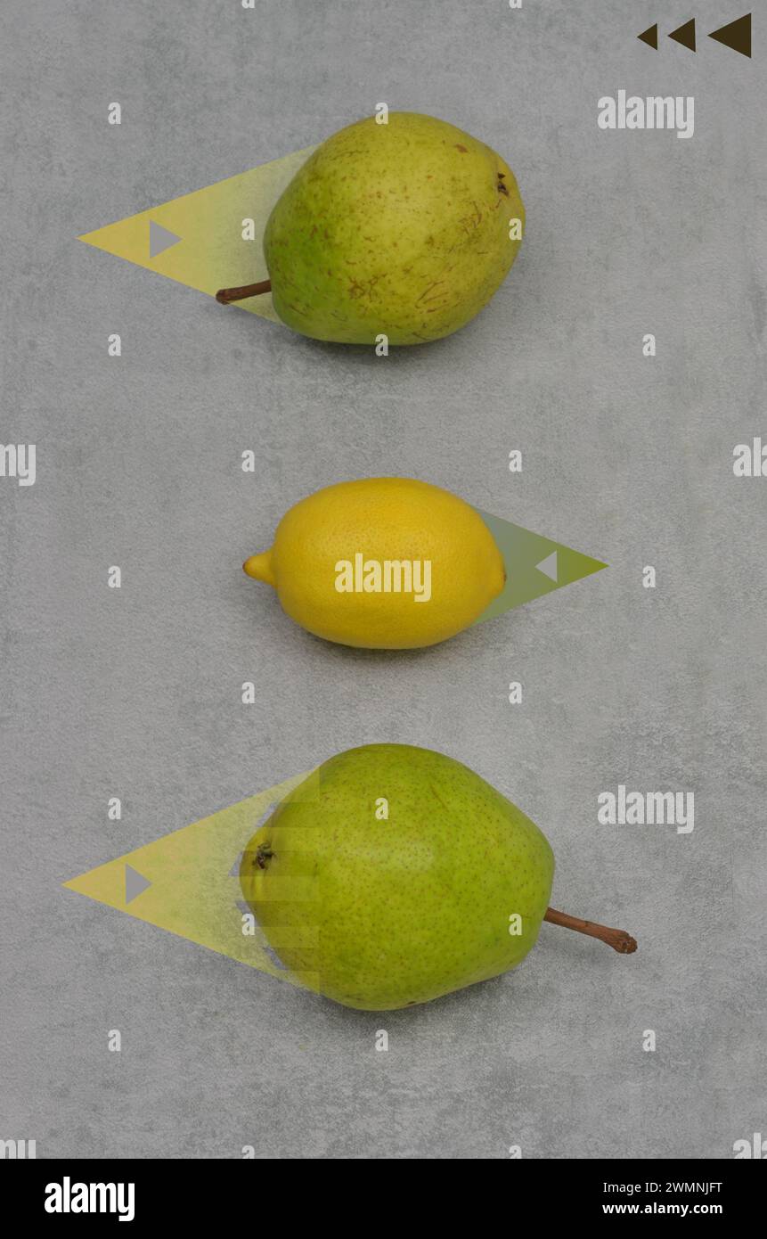Zwei Birnen und Zitrone, gemischt mit Grafiken, Dreiecken. Abstraktion, Essen ist Kunst. Stockfoto