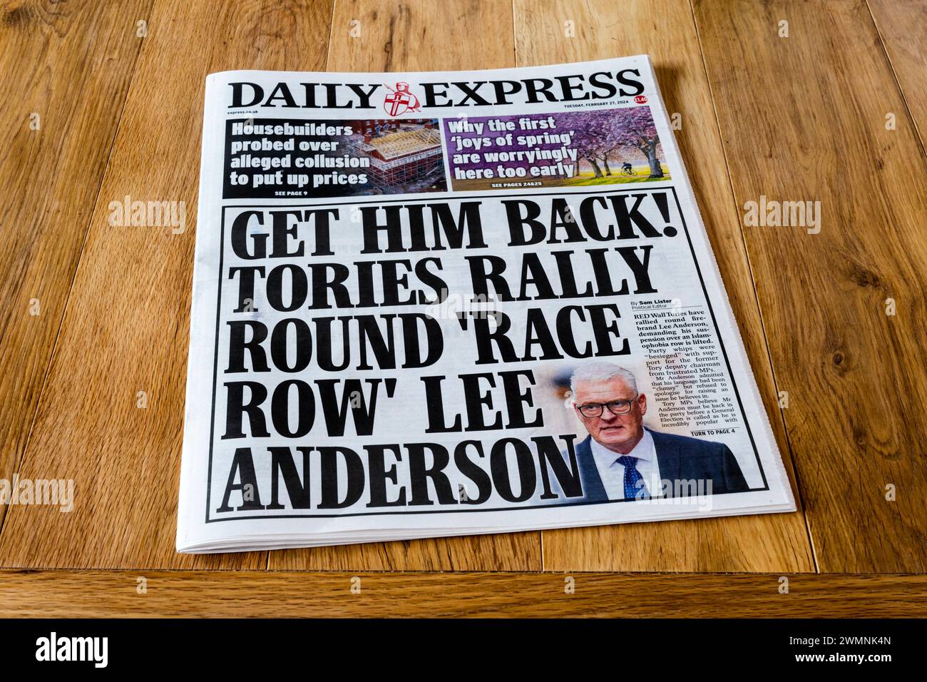 Februar 2024. Daily Express Schlagzeile lautet: Hol ihn zurück! Tories Rallye um Lee Anderson. Stockfoto