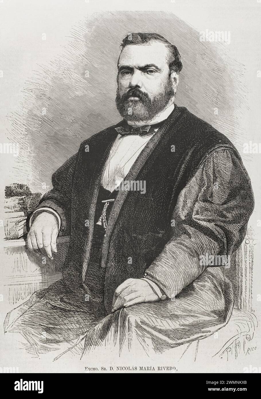 Nicolás María Rivero (1814-1878). Spanischer Politiker. Gründer und führende Persönlichkeit der Partido Demócrata (Demokratische Partei). Bürgermeister von Madrid (1868-1870). Präsident des Abgeordnetenkongresses (1869-1870). Hochformat. Zeichnung von José Vallejo. Gravur von Rico. La Ilustración Española y Americana (die spanische und amerikanische Illustration), 1878. Stockfoto Nicolás María Rivero (1814-1878). Spanischer Politiker. Gründer und führende Persönlichkeit der Partido Demócrata (Demokratische Partei). Bürgermeister von Madrid (1868-1870). Präsident des Abgeordnetenkongresses (1869-1870). Hochformat. Zeichnung von José Vallejo. Gravur von Rico. La Ilustración Española y Americana (die spanische und amerikanische Illustration), 1878. Stockfoto
