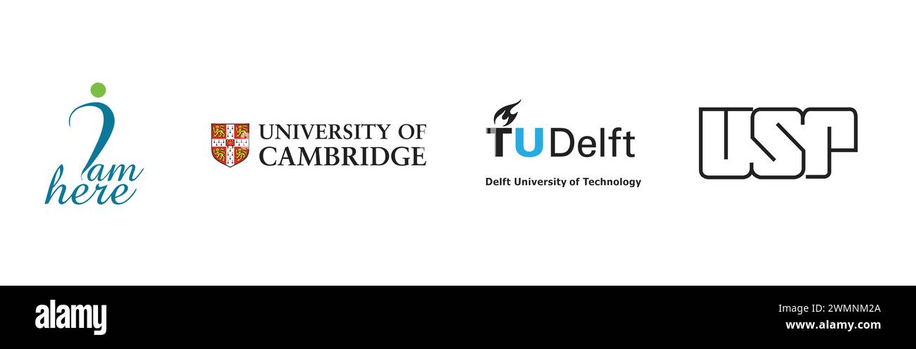 USP, ich bin hier, TU Delft, Universität Cambridge. Beliebte Markenlogo-Kollektion. Stock Vektor