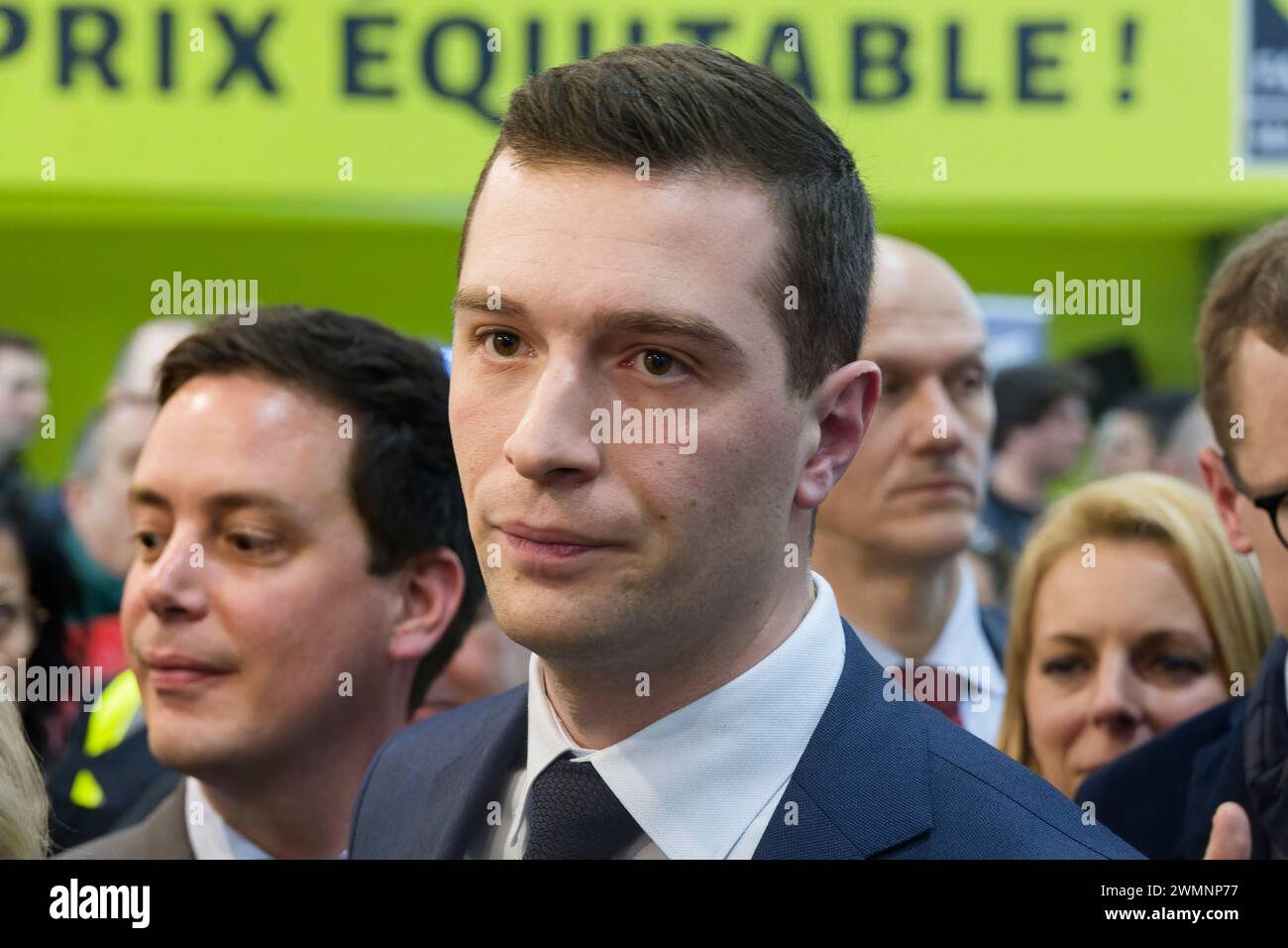 Paris, Frankreich. Februar 2024. Jordan Bardella, Präsident des Rassemblement National (RN), besucht die 60. Internationale Landwirtschaftsmesse. Stockfoto