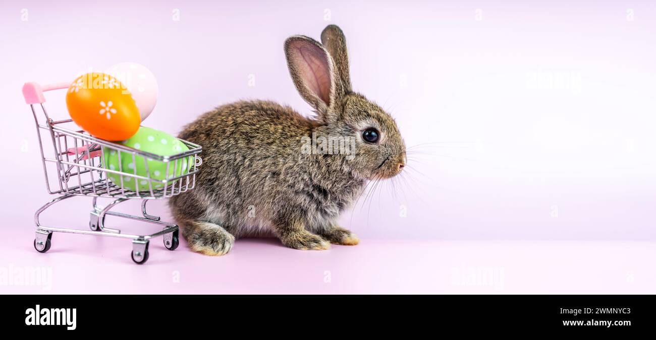 Ein Kaninchen sitzt neben einem Wagen voller Ostereier Stockfoto