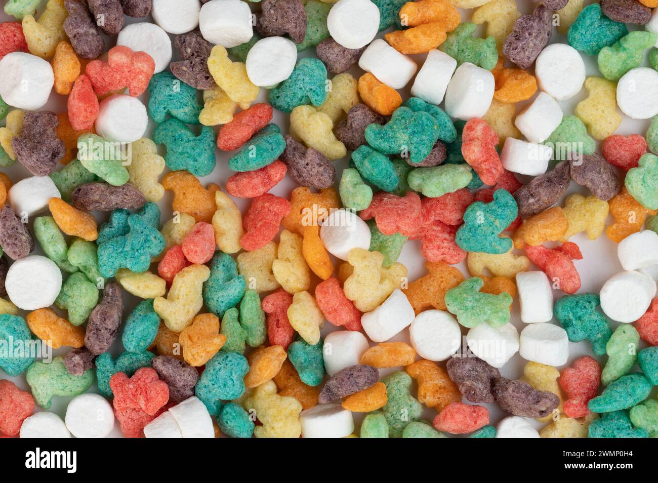 Knuspriger Kzucker Bunte Cornflakes Hintergrund Makroaufnahme aus der Nähe Stockfoto