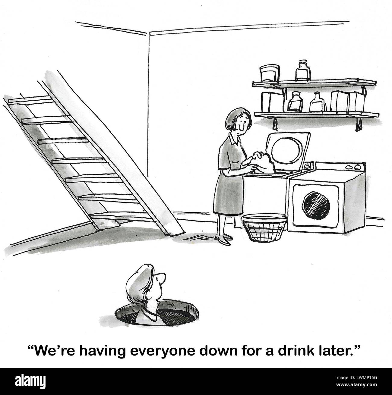 BW Cartoon eines Mannes, der unter seinem Haus lebt. Er sagt seiner Frau, sie soll später einen Drink trinken. Stockfoto