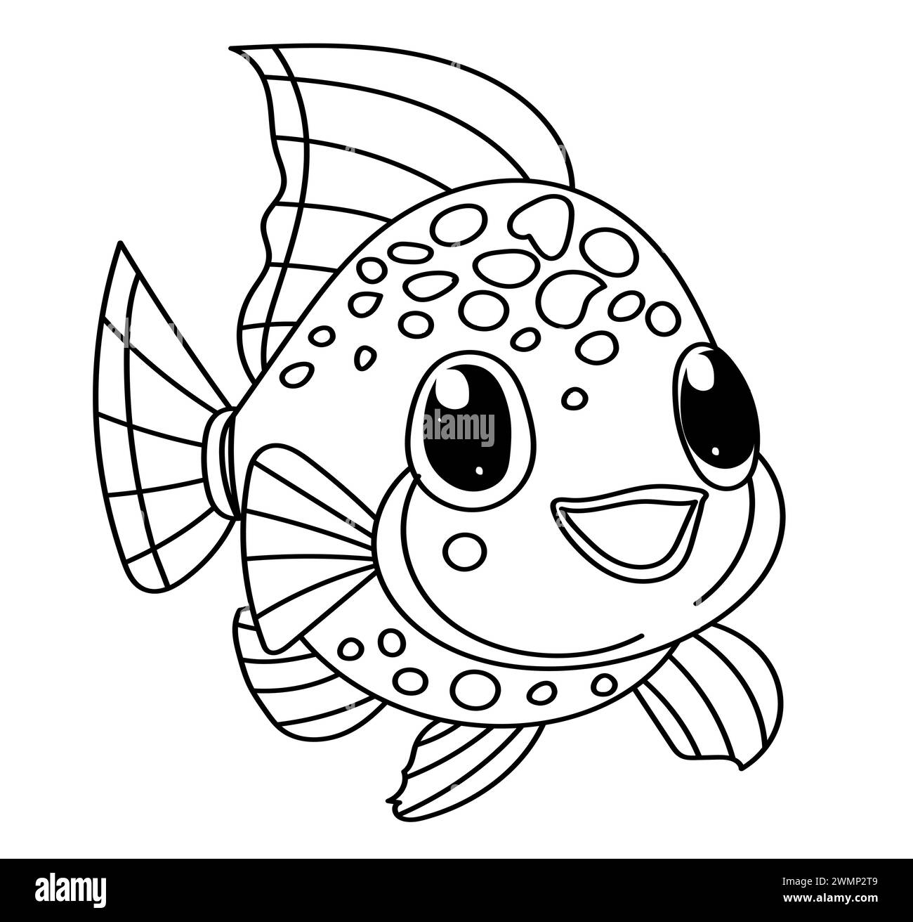 Ausmalseite für Kinder zeigt Einen lustigen Fisch in Einem kreativen Ausmalbuch Stock Vektor