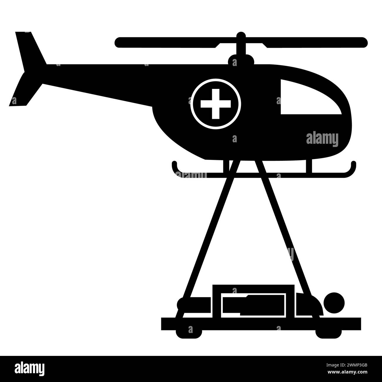 Symbol für Rettungshubschrauber, der einen Patienten transportiert. Medizinisches Kopterzeichen. Notfallsymbol. Flacher STYLE. Stockfoto