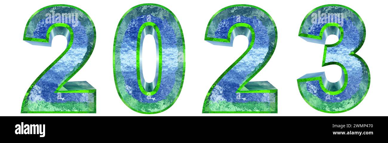 Konzept oder Konzept 2023 Jahre aus grünem und blauem Eisstein isoliert auf weißem Hintergrund. Eine abstrakte 3D-Illustration als Metapher für die Zukunft Stockfoto