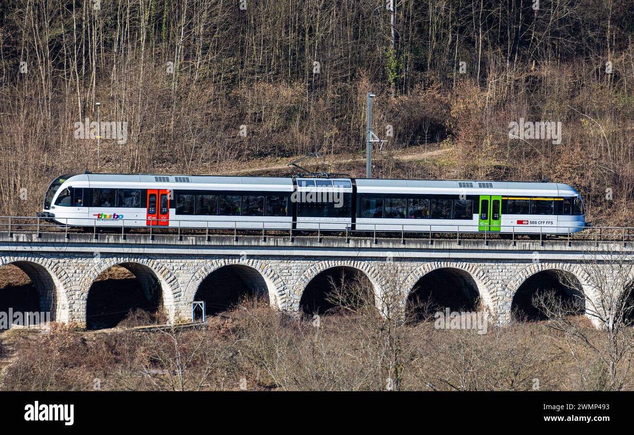 Ein Zug der Firma Thurbo ein Stadler Gelenkstriebwagen GTW fährt auf einem kleinen Viadukt oberhalb des Rheinfalls. (Laufen-Uhwiesen, Schweiz, 03.02.2 Stockfoto