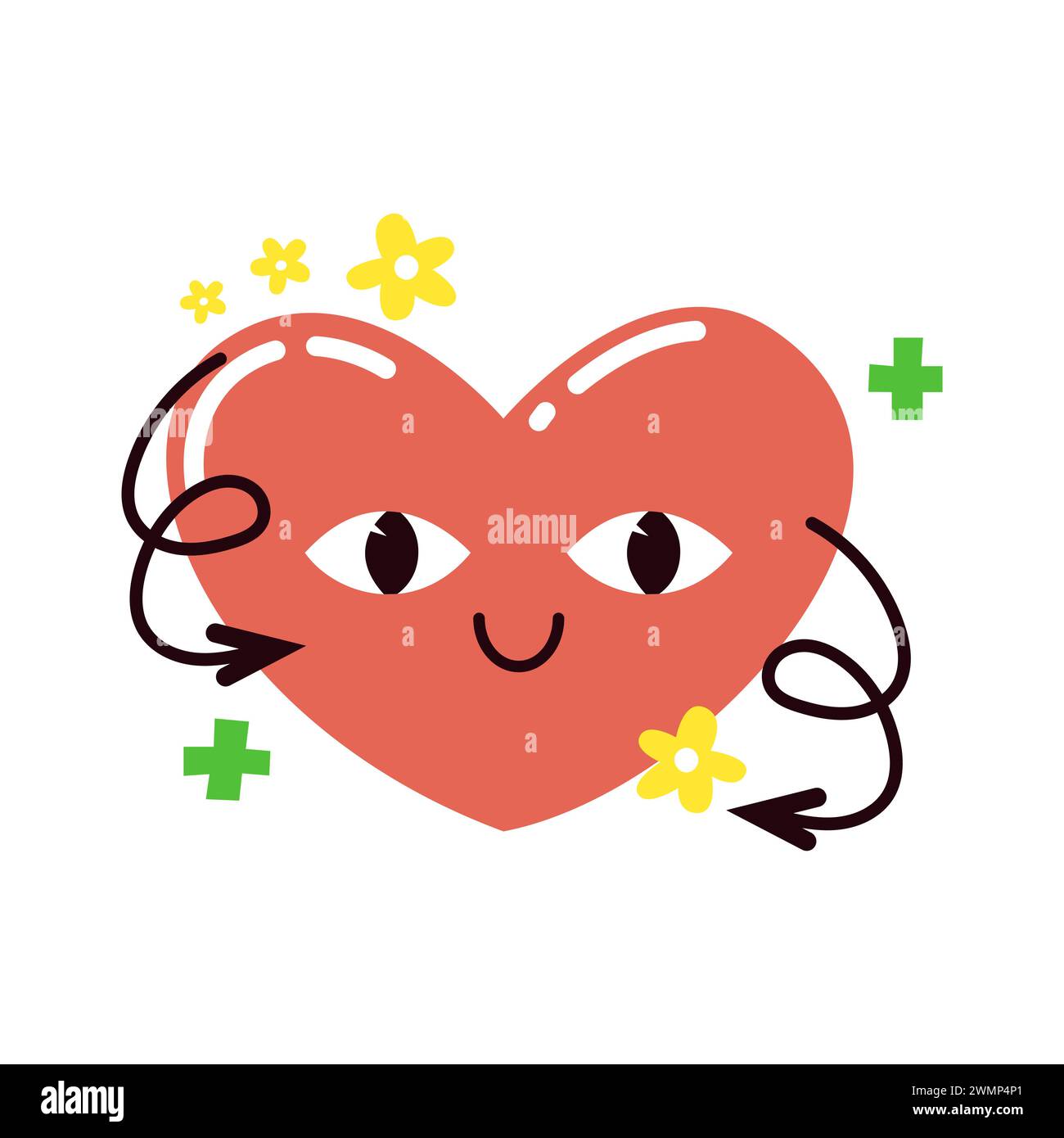 Grooviger, reizender Herzaufkleber. Love-Konzept. Funky Happy Heart Charakter im trendigen Retro-Stil der 60er Jahre 70er Jahre. Vektordarstellung isoliert Stock Vektor