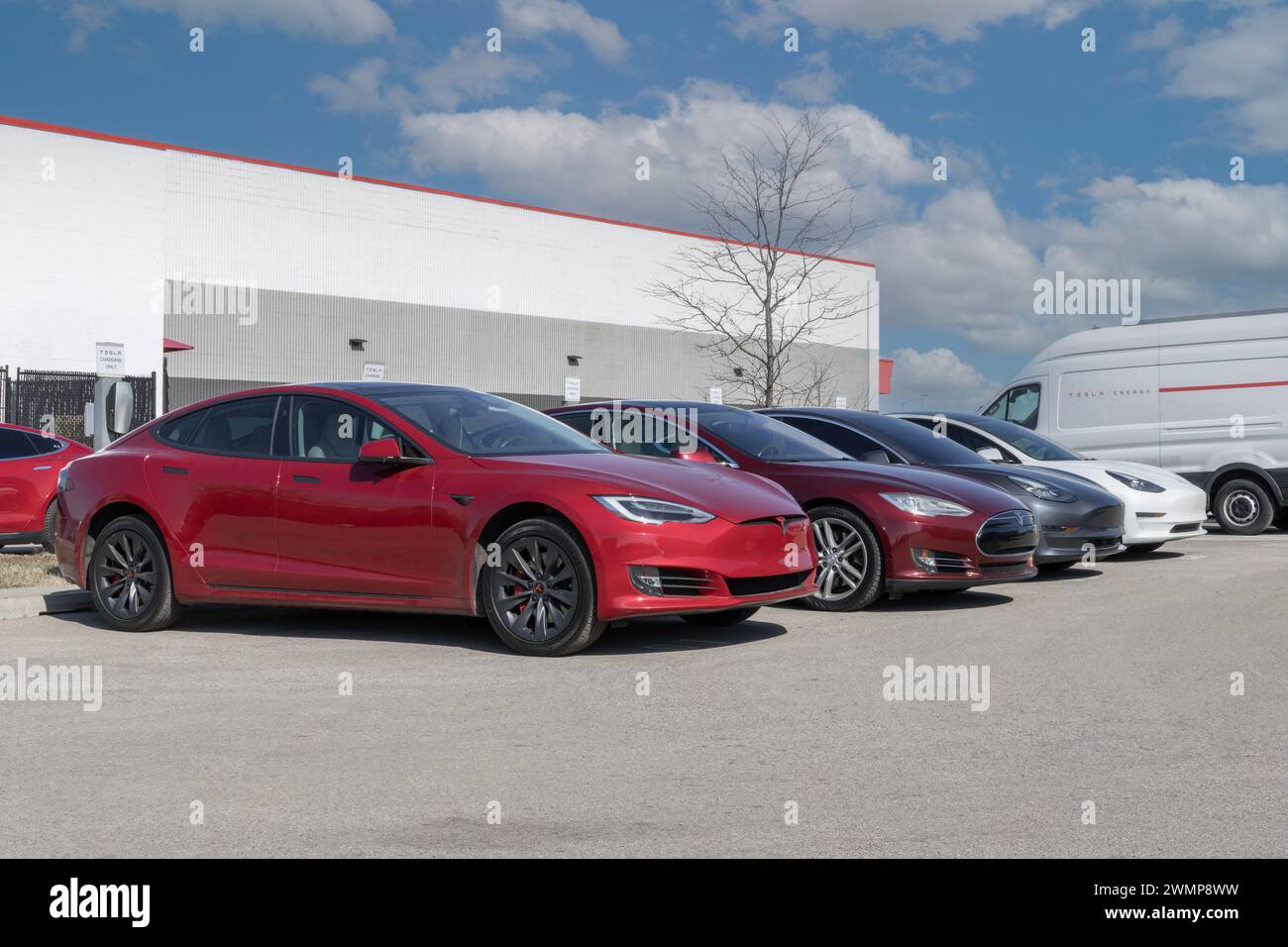 Indianapolis - 25. Februar 2024: Laden von Tesla Elektrofahrzeugen. Zu den Produkten von Tesla gehören Elektroautos, Batteriespeicher und Solarpaneele. Stockfoto