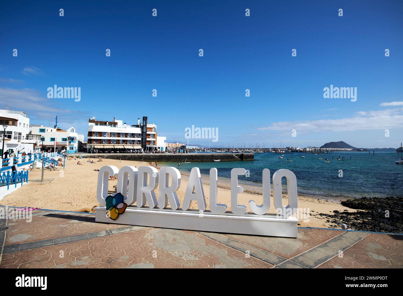 Namensschild Corralejo am Strand playa corralejo, fuerteventura, Kanarische Inseln, spanien Stockfoto
