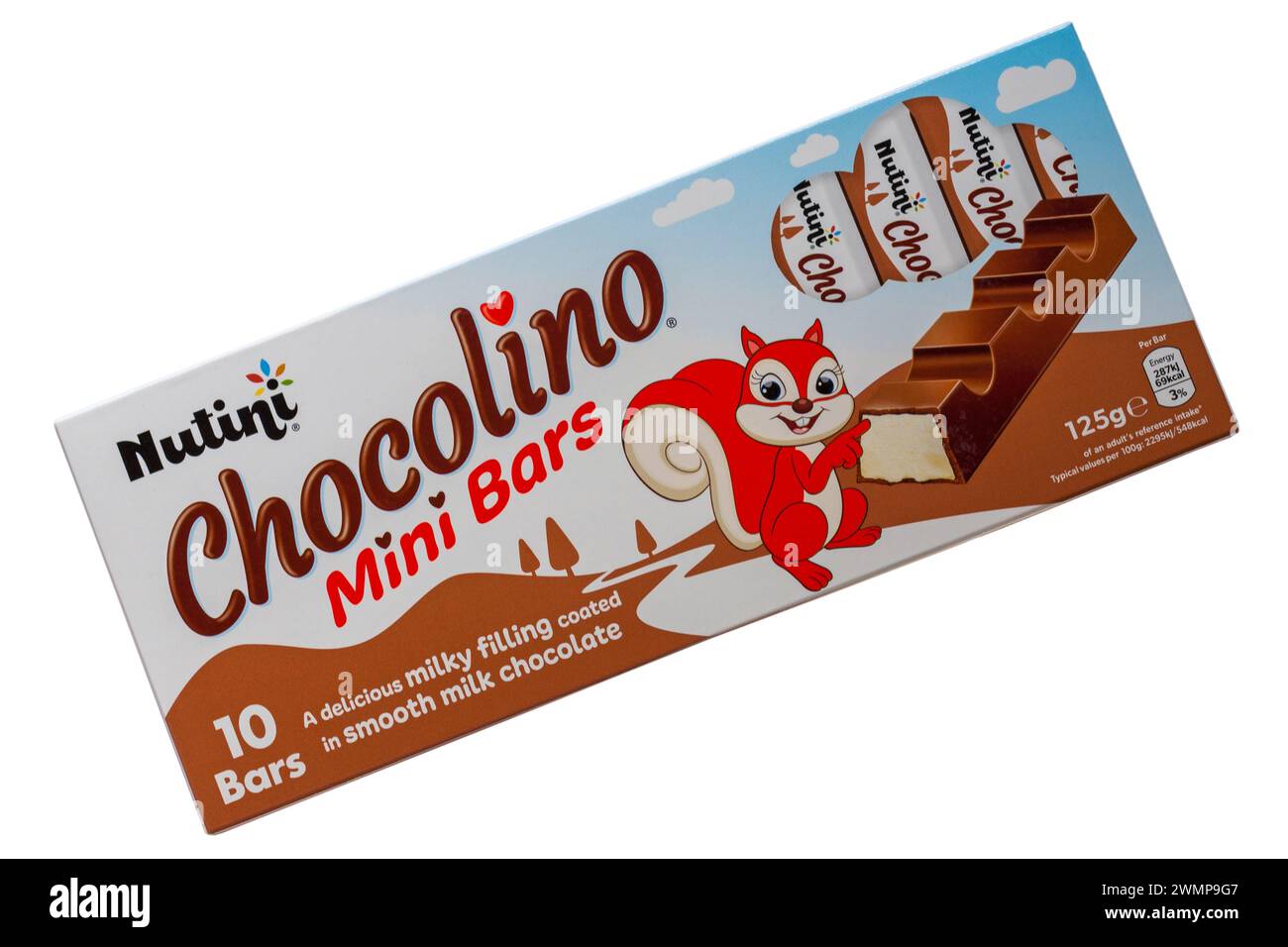 Paket Nutini Chocolino Minibars isoliert auf weißem Hintergrund Stockfoto