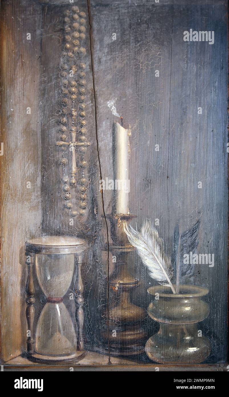 Gemälde von Filippo Balbi (1806-1890), 1855. Detail aus Sanduhr, Kerzenhalter und Tintenstift. S. Maria degli Angeli. Rom. Nationales Römisches Museum (Bath Stockfoto