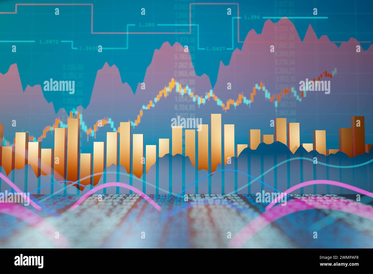 Geschäftsbericht, Verkaufsinformationen, orangefarbenes Balkendiagramm, Zahlen und Positionen. Geschäftsinformationen, orangefarbenes Balkendiagramm, Zahlen und Zeilen. Steigende Diagramme in t Stockfoto