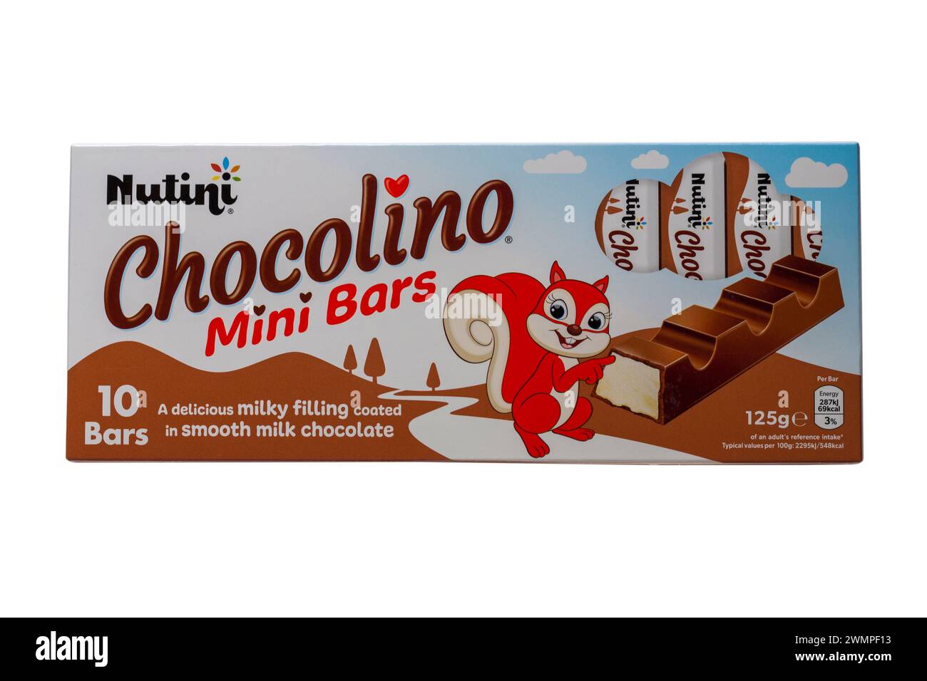 Paket Nutini Chocolino Minibars isoliert auf weißem Hintergrund Stockfoto