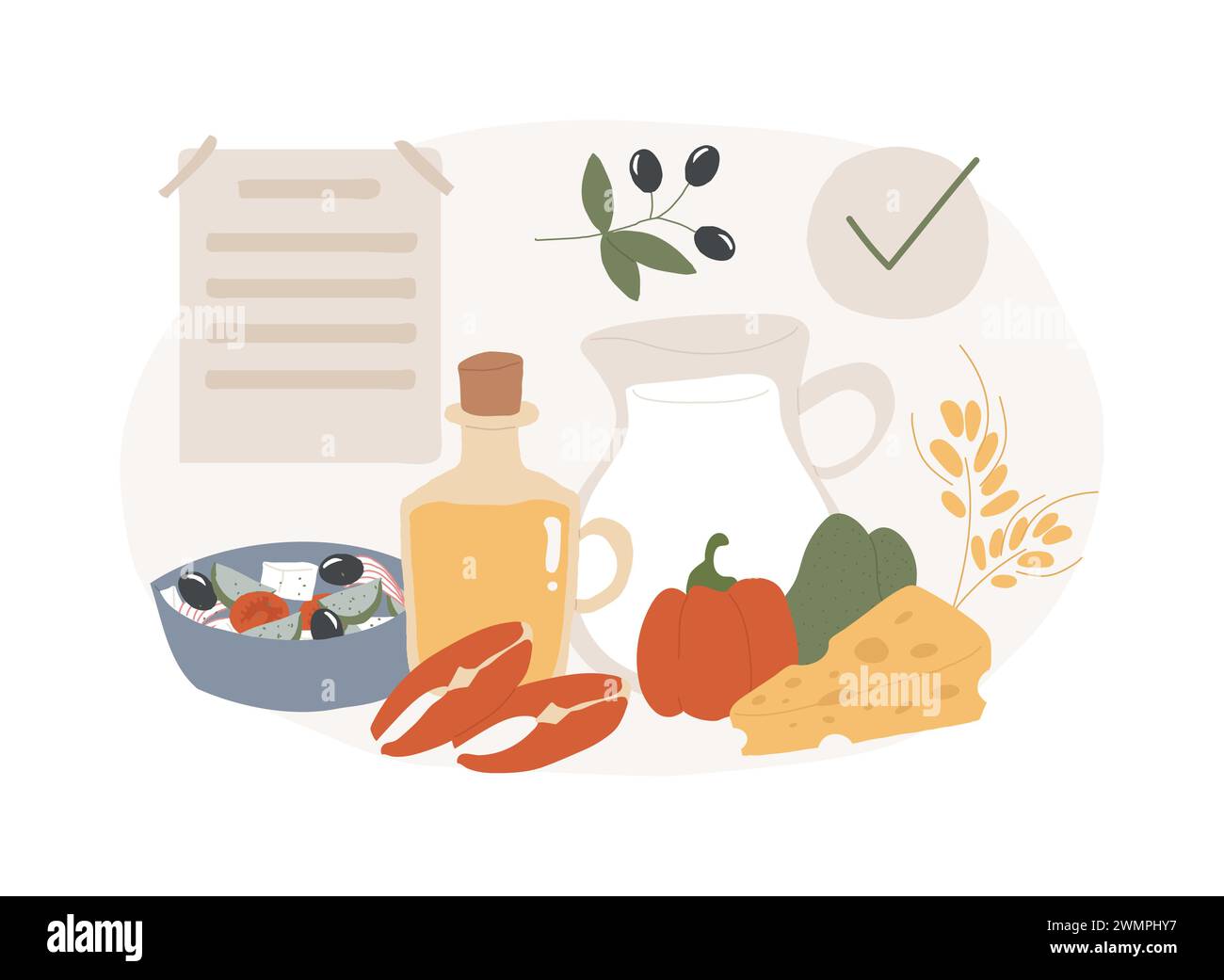 Mediterrane Ernährung isolierte Konzeptvektorillustration. Gesunder Lebensstil, italienische Küche, griechischer Salat, Kochzutaten, Olivenöl, Restaurant-Menü, Meeresfisch, Bio-Lebensmittel Vektor-Konzept. Stock Vektor