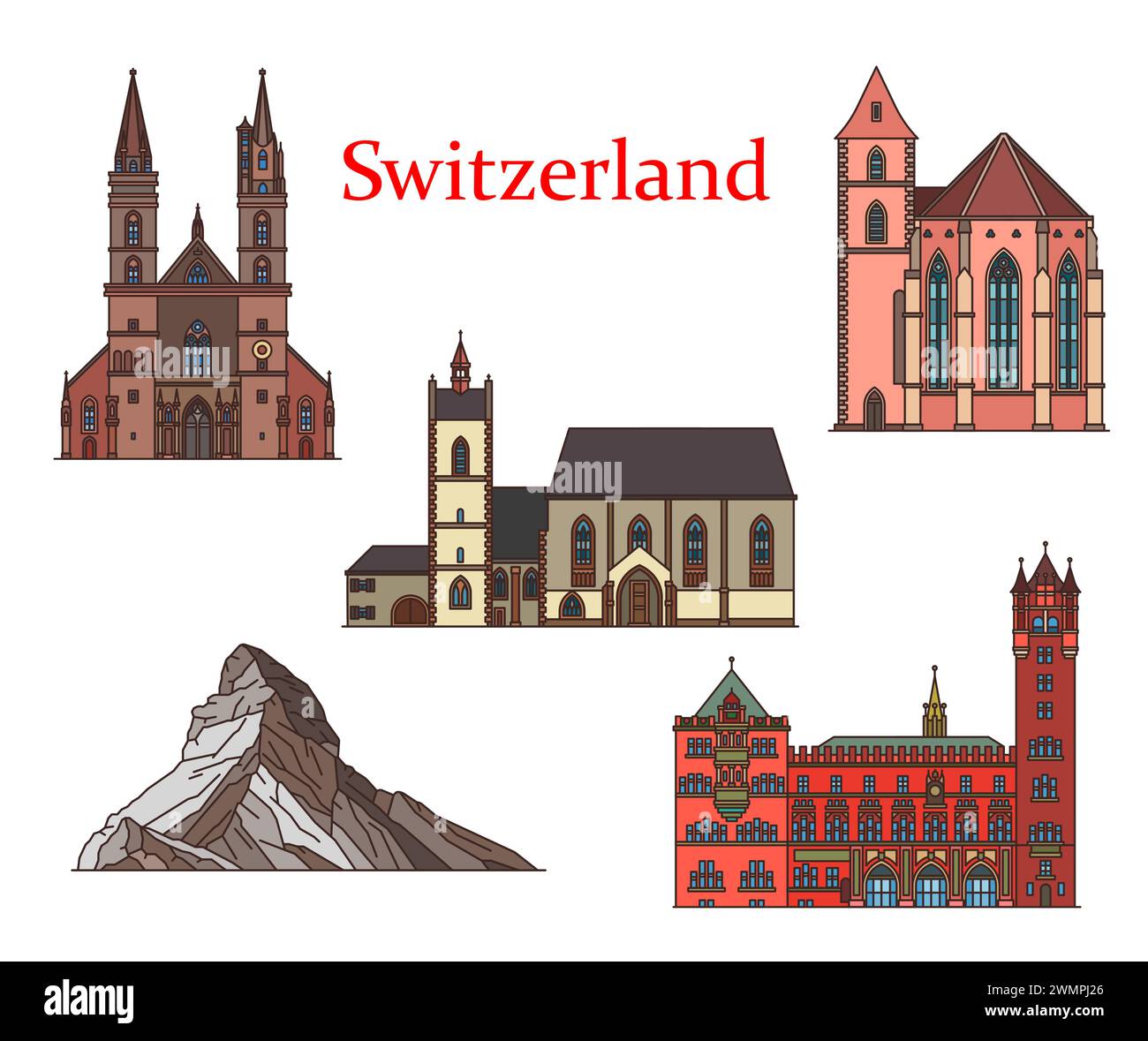 Wahrzeichen der Schweiz, Basler Kirchen und Kathedralen, Vektorarchitektur Gebäude. Münster und Matterhorn, Leonhardskirche, Rathaus und St. Alban Turm Stock Vektor