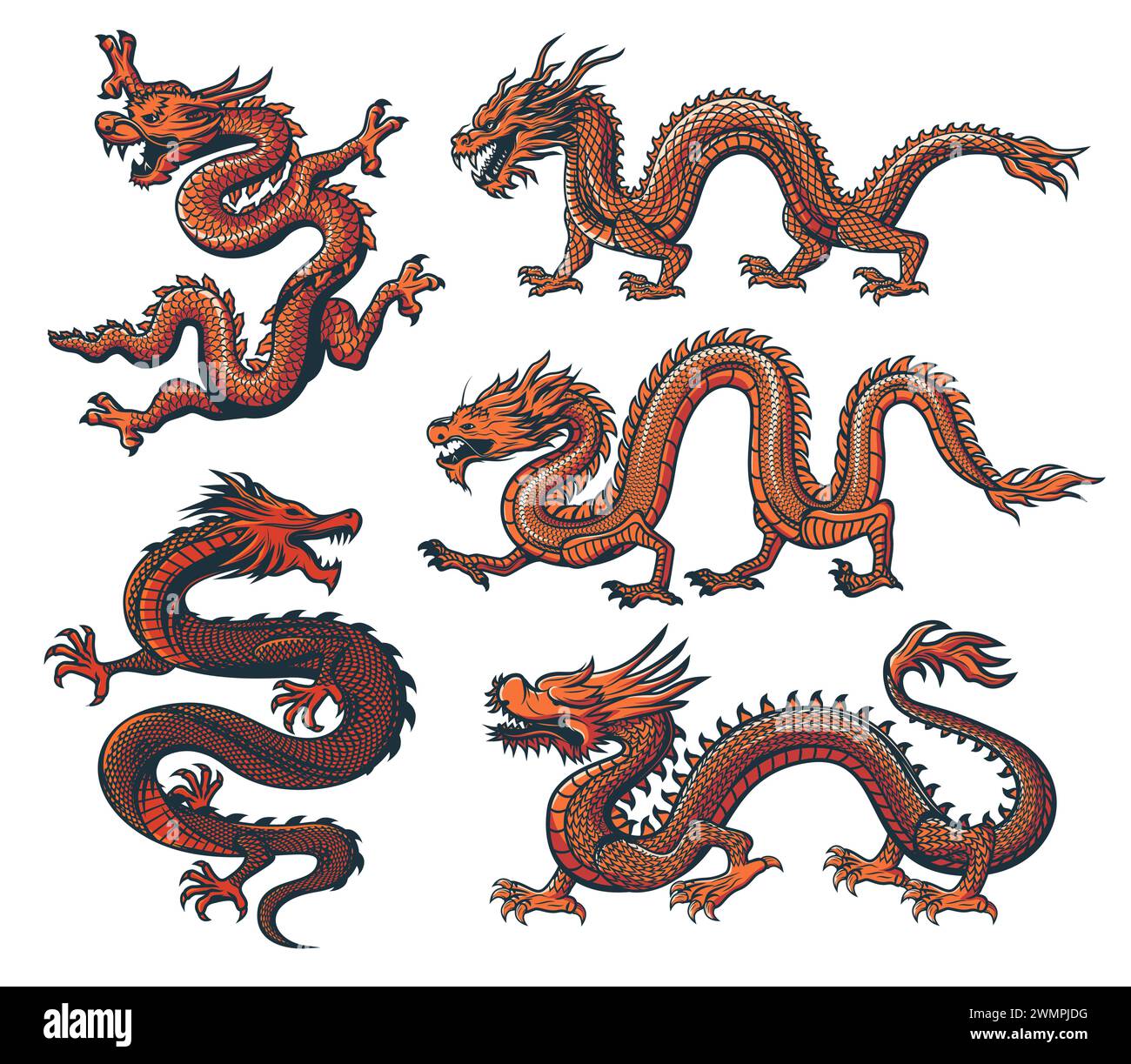 Asiatischer Drache, chinesisches Tierkreiszeichen oder chinesisches und japanisches orientalisches Kulturmonster, Vektortier. Asiatische Drachen für das chinesische Mondneujahrsfest und Wohlstandssymbol oder Tätowierung des orientalischen Drachen Stock Vektor