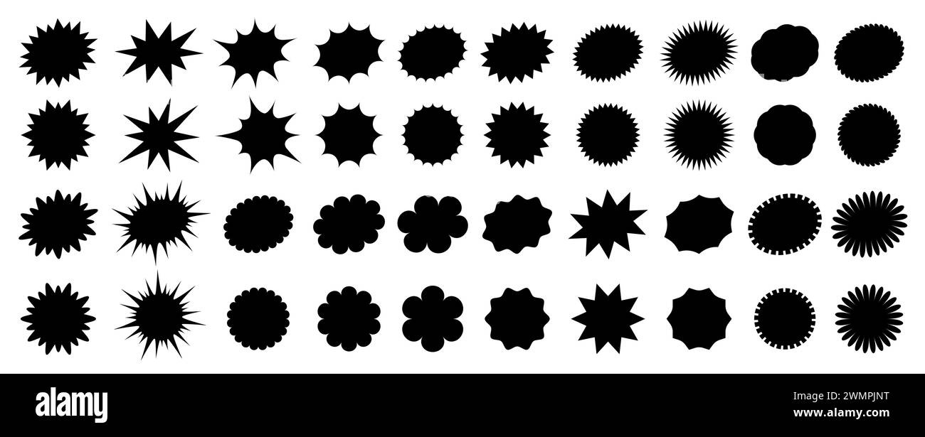 Schwarze Starburst-Verkaufspreissiegel, Aufkleber und Etiketten für Callout und Splash, Vektorsternrosetten. Ovale und Sonnenschliff-, Stempel- und Etikettenschilder für Preisförderungsetiketten oder Sonderrabatte Stock Vektor