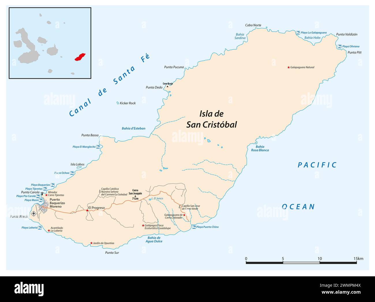 Vektorkarte der ecuadorianischen Insel San Cristobal, Galapagos Inseln Stockfoto